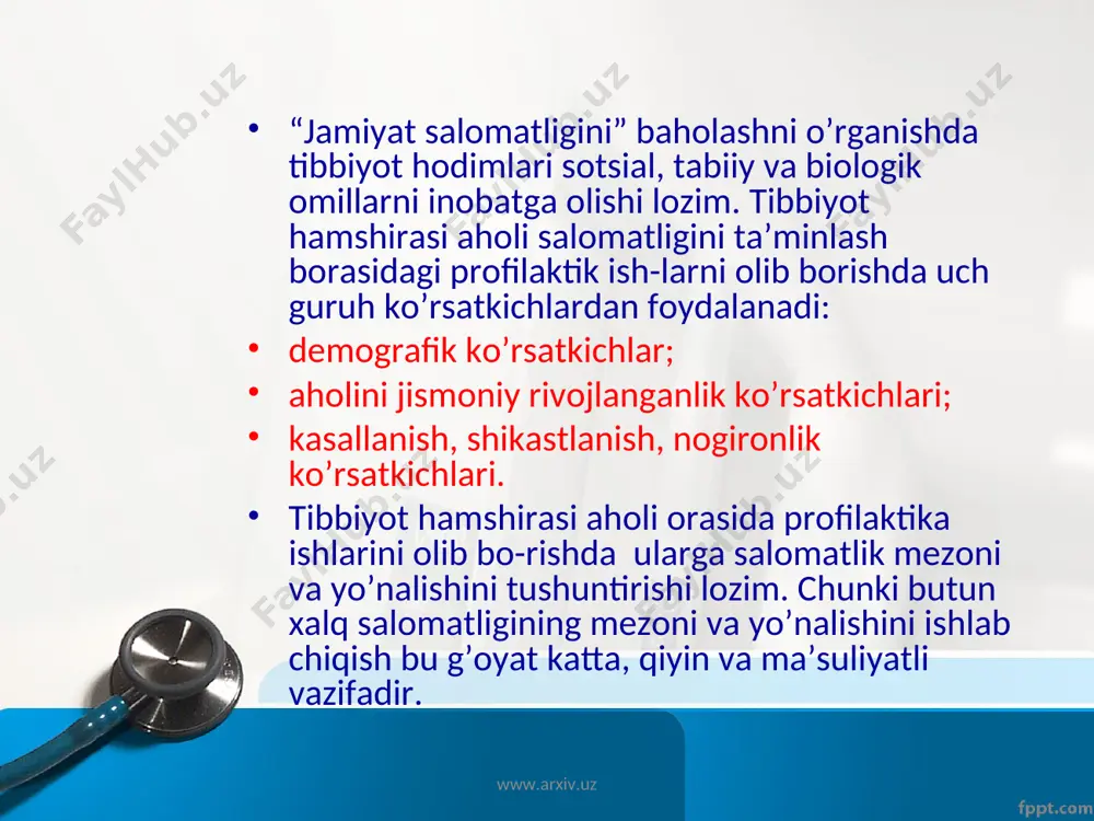 aliga quvvat sarfi kamayib, so’ng to’qimalarning qon, kislorod va oziq moddalar bilan ta’minlanishi yomonlashadi. yurak mushak tolalarining tuzilishida o’zgarishlar pay-do bo’lib, a’zolardagi idora etuvchi tuzilma holati, jumladan gormonal va nerv sistemasining ishi buziladi. gipodinamiyada mushaklardan mushaklardan markaziy nerv sistemasiga borib turadigan signallar kamayib qoladi, bu esa bosh miya faoliyatiga yomon ta’sir qiladi, chunki markaziy nerv sistemasidagi tonusini saqlab turishda, qon aylanishi bilan moddalar almashinuvining idora etilishida mushaklar faoliyati muhim ahamiyat-ga ega. www.arxiv.uz www.arxiv.uz harakat faolligi keskin susayganda suyaklar tuzilishi ham o’zgaradi. mushaklar atrofiyaga uchrashi munosabati bilsn organizmni yog’ bosa di, moddalar almashinuvi izdan chiqib, markaziy nerv sistemasining holati o’zgaradi. odam tez toliqadi (astenizatsiya sindromi). yurak tomir sistemasining faoliyati o’zgaradi, yurak qisqarishlarining kuchi kamayadi, qon tomirlar holati yomonlashadi: bunda avvaliga odam tez yurganida salga hansirab qolishi, yuragining tez – tez urishi, jismoniy ish vaqtida yurak sohasi og’rishi kuzatiladi. keyinchalik esa atero-skleroz, gipertoniya kasalligi kelib chiqishi mumkin. kam harakat qilish, ko’p o’tirish …