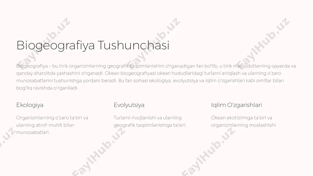 oziqlanadi. 7 bentos (tub hayvonlari) bentos – okean tubida yashovchi organizmlardan iborat bo‘lib, u yerda o‘simliklar, mollyuskalar, qisqichbaqasimonlar va boshqa turdagi hayvonlar yashaydi. bentosning hayot tarzini o'rganish dengiz biologiyasining muhim qismi hisoblanadi, chunki ular okean tubining barqarorligini saqlab turadi. bentos hududidagi biologik xilma-xillik organizmlarning turli joylarga moslashganligi bilan izohlanadi. o'simliklar dengiz o'tlari, suv o'tlari va boshqa o'simliklar. mollyuskalar qisqichbaqasimonlar, salyangozlar va boshqa mollyuskalar. qisqichbaqasimonlar qisqichbaqalar, krablar va boshqa qisqichbaqasimonlar. 8 nekton (suzuvchi organizmlar) nektonga yirik va faol suzuvchi hayvonlar, jumladan baliqlar, dengiz sutemizuvchilari va yirik qisqichbaqasimonlar kiradi. bu organizmlar suvning turli qatlamlarida yashaydi va okean biogeografiyasining muhim qismini tashkil etadi. ular oziq-ovqat zanjirida yuqori o‘rin tutadi va okean ekotizimini saqlab turishda katta rol o‘ynaydi. baliqlar turli xil turlari, oziq-ovqat zanjirida muhim rol o'ynaydi. dengiz sutemizuvchilari katta hajmdagi sutemizuvchilar, okeanda yashaydi. yirik qisqichbaqasimonlar qisqichbaqalar, krablar va boshqa yirik qisqichbaqasimonlar. 9 okean ekotizimlari va ularning biogeografiyasi okean ekotizimlari, masalan, marjon riflari, dengiz …