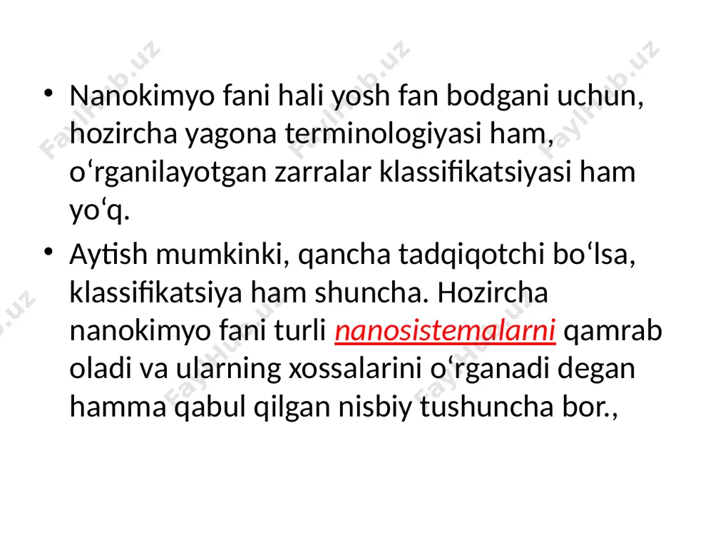 ada. nanoobyekt klassifikatsiyasi faqatgina rasman nuqtayi nazardangina muhim emas. nanoobyekt geometriyasi uning fizik-kimyoviy xossalariga ham jiddiy ta'sir ko‘rsatadi. moddalarning tarkibiga, klaster shakllariga va atomlar orasidagi bog‘lanish turlariga ko‘ra juda ko‘p nanoobyektlar mavjud. quyida ulardan bir nechtasini ko‘rib chiqamiz: nanozarrachalar deb, o’lchamlari 100 nm dan kichik bo’lgan zarrachalarni aytiladi. nanozarrachalar 106 yoki undan ozroq miqdordagi atomlardan tashkil topgan, va ularning xossalari xuddi shu atomlardan tashkil topgan hajmiy moddaning xossalaridan farq qiladi nanozarrachalar inert gazlar atomlaridan tuzilgan zarralari bu eng sodda nanoobyektdir. inert gaz atomlarining butunlay to‘lgan elektron qobiqlari o‘zaro van-der -vaals kuchlari bilan kuchsiz ta'sirlashadi. bunday zarrachalarni ifodalashda yetarlicha katta aniqlikda qattiq sharchalar modelini ishlatishimiz mumkin. ularning atomlari orasidagi bog‘lanish energiyasi juda zaif, shuning uchun ular 10 - 100 k dan baland bo‘lmagan temperaturalarda mavjud bo‘ladi image1.png image2.png image3.png image4.png image5.png image6.png