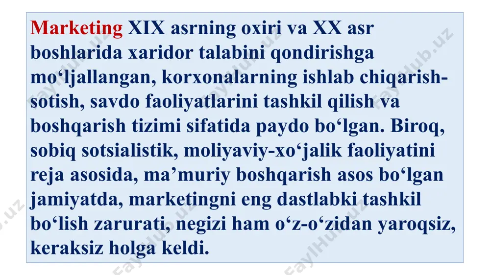 h uchun xizmat qiladi. marketing faoliyatini amalga oshirish muhiti quyidagi besh qismga bo‘linadi: - nazorat qilinadigan omillar; - nazorat qilinmaydigan omillar; - o'z maqsadiga erishishni tashkil qilishda yutuqlar yoki muvaffaqiyatsizliklar darajasi; - teskari aloqalar; - moslashuvchanlik. kichik tadbirkorlik faoliyatini nazorat qilish jarayoni omillariga tadbirkor tomonidan boshqarishni quyidagicha amalga oshirishi, ya’ni o‘zaro faoliyatiga bog‘liq bo‘lgan qarorlarini amaldagi qonunchilikka binoan qabul qilishi, yuqori tashkilot rahbariyati tomonidan aniqlik kiritiladi. mamlakatimizda marketingning o‘ziga xos xususiyatlari quyidagilardan iborat: 1. ishlab chiqaruvchilar o‘rtasida raqobatning kuchsizligi. 2. mahsulotlar ishlab chiqarish hajmining taraqqiy etmaganligi. 3. taqsimlovchi va qayta taqsimlovchi vositachi tuzilmalaming an’anaviy kuchli ta’siri bilan asoslanadi. marketingning tarkibiy tuzilishi mikromarketing va makromarketing turlaridan iborat. mikromarketing - tadbirkorlik faoliyatida ishlab chiqarishni shakllantirish, mahsulotlarni ishlab chiqaruvchidan iste’molchiga borish oqimini boshqarish bilan bog‘liq bo‘lgan faoliyat hisoblanadi. uning vazifasi iste’molchilar talabini qondirish bilan bir qatorda tadbirkorning oldiga qo‘ygan maqsadlariga erishishdan iborat. mikromarketing bu ijtimoiy-iqtisodiy jarayon bo‘lib, mahsulot yoki xizmatlarga bo‘lajak (potensial) talab …