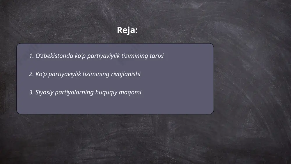 y partiyalar davlat ro'yxatidan o'tkazilib, o'z huquqiy maqomiga ega bo'lgan subyektlar hisoblanadi. ular o'zbekiston respublikasi siyosiy partiyalar to'g'risidagi qonuniga muvofiq faoliyat yuritadi. siyosiy partiyalar fuqarolarning siyosiy irodasini shakllantirish, ularni jamiyat va davlat boshqaruviga jalb etish maqsadida tashkil etiladi. 2023 yil holatiga ko'ra, mamlakatda beshta yirik siyosiy partiya faoliyat yuritadi: o’zlidep, o’zxdp, milliy tiklanish, ekologik partiya va adolat sotsial-demokratik partiyasi. har bir partiya o'z ustaviga ega bo'lib, faoliyatida qonunchilikka amal qiladi. siyosiy partiyalar davlat xavfsizligini saqlash va mustahkamlashda ishtirok etadi. ... t.me/slaydai_bot 4. oʻzbekiston siyosiy tizimidagi partiyalarning roli oʻzbekiston siyosiy tizimi koʻp partiyaviylik tamoyiliga asoslangan. amaldagi siyosiy partiyalar orasida oʻzbekiston liberal-demokratik partiyasi, oʻzbekiston xalq demokratik partiyasi, oʻzbekiston milliy tiklanish demokratik partiyasi, adolat sotsial-demokratik partiyasi va ekologik partiya faoliyat yuritadi. oʻzbekiston liberal-demokratik partiyasi hukmron partiya hisoblanadi va 2019-yilda boʻlib oʻtgan parlament saylovlarida 150 ta deputatlik oʻrnidan 53 tasini qoʻlga kiritdi. parlamentning quyi palatasi oliy majlisda partiyalar milliy siyosat, iqtisodiy rivojlanish va ijtimoiy …