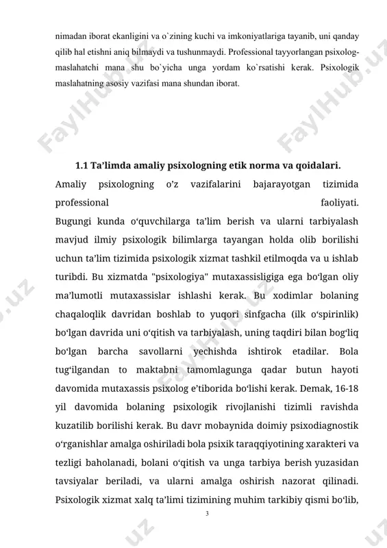 b ehtiyojlaridan kelib chiqadi. har bir o‘quvchida hayotga ijodiy munosabat va individual xususiyatlarning taraqqiyoti ta’minlaganligini psixologik xizmat to‘g‘ri tashkil etilgan deyish mumkin. psixolog o‘zining inson hulq-atvori va psixik faoliyati, psixik taraqqiyotning yosh qonuniyatlari haqidagi kasbiy bilimlariga, ularning o‘quvchilar va kattalar, tengdoshlari bilan o‘zaro munosabat xususiyatlariga, o‘quv-tarbiya jarayonini tashkil etishga bog‘liqligiga tayanib, bolaga individual yondashuv imkoniyatlarini ta’minlaydi, uning qobiliyatlarini 20aniqlaydi,[footnoteref:1] [1: adizova t.m. psixokorrеksiya. − t.2005.] 1.2 psixologik xizmat faoliyati tizimida psixologik maslahat, uning turlari psixologik xizmat faoliyati yosh va pеdagogik psixologiya, psixokorrеksiya, psixologik maslahat sohasida umumiy psixologik va maxsus psixologik bilimlar olgan mutaxassislar tomonidan amalga oshiriladi. psixologik xizmatga jalb qilingan pеdagoglar bu mutaxassislikni olish uchun maxsus qayta tayyorgarlikdan o`tishlari lozim. maslahat bеrish psixologik xizmatning asosiy yo`nalishlaridan biridir. lеkin psixologik maslahat o`zi nimaligi haqida yagona tushuncha yo`q. kollеjlardagi yoki akadеmik litsеylardagi psixolog ishi bir-biridan tubdan farq qiladi. psixolog aniq o`quv muassasasidagi o`qituvchilar va o`quvchilar orasidagi munosabatning ijobiy va salbiy tomonlari rivojlanadigan …