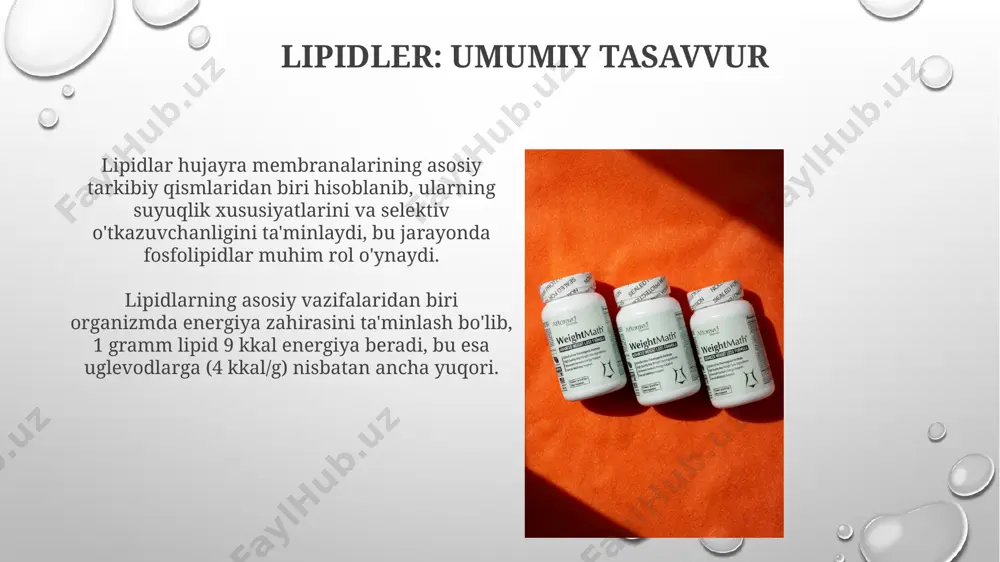r va lipidlarga o'xshash moddalar, ularning umumiy xususiyati esa gidrolizlanmasligi hisoblanadi. xolesterin – hayvon hujayralari membranalarining muhim tarkibiy qismi bo'lgan va organizmda 200 dan ortiq biologik faol birikmalarni hosil qilish uchun ishlatiladigan, saponifikatsiyalanmaydigan lipidning muhim vakilidir. triglitseridlar triglitseridlarning suyuq holatdagilariga yog'lar, qattiq holatdagilariga esa yog'lar deyiladi va ularning erish nuqtasi yog' kislotalari tarkibidagi to'yinganlik darajasiga bog'liq. triglitseridlar uchta yogʻ kislotasi molekulasi va glitserol molekulasidan hosil boʻladi, ular ester bogʻlari orqali bogʻlangan boʻlib, bu ularning gidrolizlanishini va sovunlashishini ta'minlaydi. e'tiboringiz uchun rahmat @taqdimot_robot image3.png image4.jpg image5.jpg image6.jpg image7.jpg image8.jpg image9.jpg image10.jpg image11.jpg image12.jpg image13.jpg image14.jpg image1.png