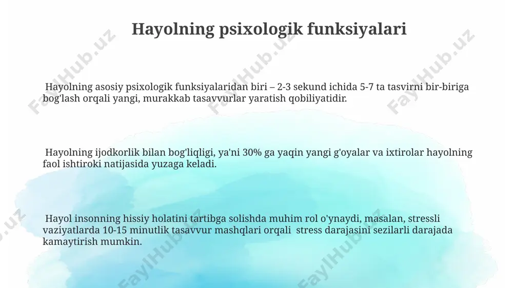 zilishiga olib keladigan 20 dan ortiq genetik omillar aniqlangan bo'lib, ularning ba'zilari dopamin va serotonin kabi neyrotransmitterlarning ishlab chiqarilishini va retseptorlarining faoliyatini o'zgartiradi. hayolning buzilishi, masalan, shizofreniya kabi kasalliklarda 70% gacha hollarda kuzatiladi va bu gallyutsinatsiyalar, xayolparastlik va fikrlashning buzilishi bilan namoyon bo'ladi. tasavvur va hayolning farqi tasavvur asosan sensorli xotiralarga tayanadi va ko'rish, eshitish kabi 5 ta his organlarimiz orqali olingan ma'lumotlarga asoslanadi, hayol esa bu ma'lumotlarni qayta ishlash orqali yangi, g'ayrioddiy kombinatsiyalarni hosil qiladi. tasavvur aniq, mavjud yoki ilgari idrok etilgan narsalarning ongda qayta tiklanishi bo'lsa, hayol esa yangi, mavhum tasvirlarni yaratish, 2-3 ta mavjud elementni birlashtirib, yangi kompozitsiyani shakllantirish jarayonidir. hayol tasavvurni yanada rivojlantirish, murakkablashtirish va undan yangi narsalarni yaratishga qaratilgan bo'lsa, tasavvur mavjud ma'lumotlarni eslab qolish va takrorlashga yo'naltirilgan passiv jarayon hisoblanadi. hayol va ijodkorlik ijodkorlik jarayonida hayolning intensivligi 5-10 daqiqadan 1 soatgacha davom etishi mumkin, bu esa miyaning alfa va teta to'lqinlar faolligining o'zgarishi bilan …