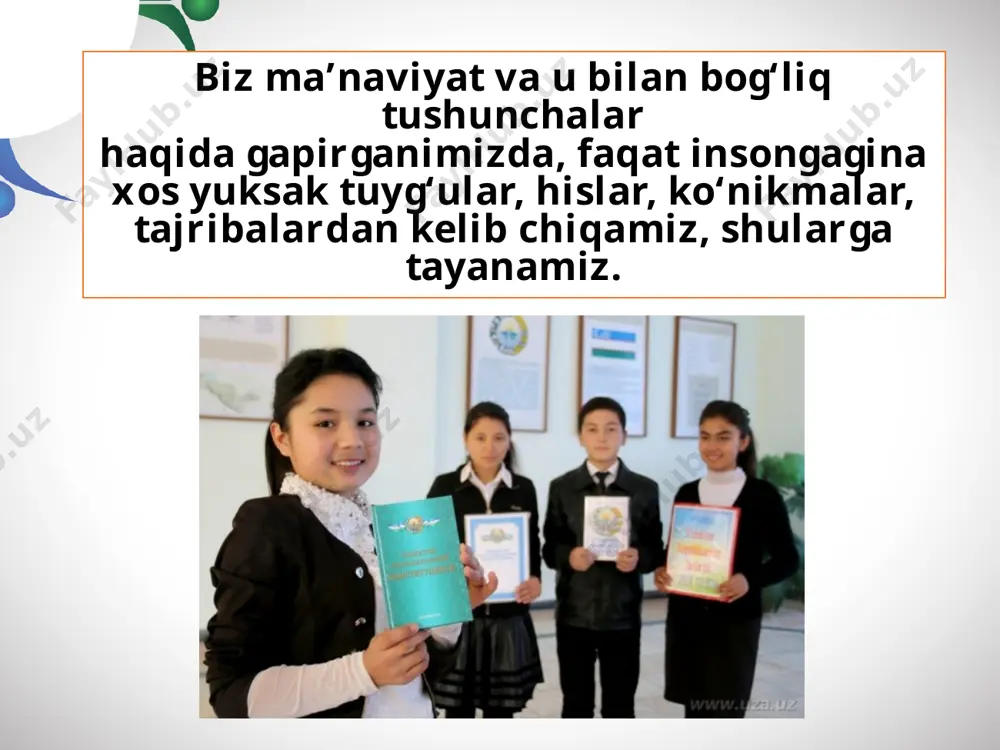 rning insoniyligi. «avesto»dagi bu ta’limot bo‘yicha inson imon-e’tiqodi uch tayanchga asoslanadi: o‘zini hurmat qiladigan, qadrlaydigan odam bunday «yaxshilik»ka muhtojlik sezmaydi, balki o‘z kuchi, irodasi, sabr-u qanoatini ishga solib, barcha narsaga o‘zi erishadi. o‘zbekiston qahramoni, xalq shoiri abdulla oripovning «iltimos » nomli she’rida aynan shunga da’vat qilinadi: sargardon, yo‘llarda qolsang hamki och, sabr-u qanoatni qilgil boshga toj, notanti yo‘ldoshga bo‘lma hech muhtoj, hargiz iltimosga kuning qolmasin. savol va topshiriqlar: 1. yuksak ma’naviyatni inson va jamiyat hayotining asosi, deb bilishimizning sababi nimada? 2. ma’naviyat inson ong-u shuuriga, qalbiga nima uchun yillar davomida singib boradi? bu jarayonni tezlashtirishning iloji yo‘qmi? 3. «avesto» kitobida ilgari surilgan o‘lmas g‘oyaning ma’no mohiyatini kengroq izohlay olasizmi? 4. yurtboshimiz xalqimizning qadimiy va shonli tarixini nima uchun tuganmas bir dostonga o‘xshatadi? 5. sabr-qanoat inson hayotida qanday ahamiyat kasb etadi? besabrlik-chi? 6. sabrsizlik qilib xijolatda qolgan paytlaringizni eslaysizmi? bu haqda sinfdoshlaringizga gapirib bera olasizmi? image2.jpg image3.jpeg image4.jpeg image5.png image6.png image7.jpeg …