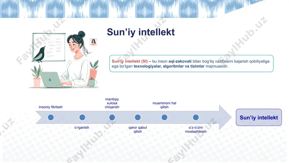t formatini saqlagan holda sifatli ilmiy matnlar yozish imkonini beradi soddalashtiradi akademik jihatdan qayta tuzadi tavsiyalar berish, grammatik tuzatishlar, boblarni to‘ldirish kabi funksiyalarni taklif etadi gamma ai – bu o‘qituvchilar va o‘quvchilar uchun tez, chiroyli va innovatsion taqdimotlar yaratish imkonini beruvchi sun’iy intellekt. 01 faqatgina mavzuni yoki qisqacha matnni yozsangiz kifoya — gamma si to‘liq slaydlar majmuasini tayyorlaydi. matnni tahlil qilib, mantiqiy asosda chiroyli dizayn qilingan taqdimot yaratadi. 03 foydalanuvchi dizayn qilish ko‘nikmasiga ega bo‘lmasa ham zamonaviy va professional ko‘rinishda slaydlar yaratadi. har bir element — ranglar, shriftlar, slaydlarning tartibi mantiqiy jihatdan uyg‘unlashtirilgan. 02 tayyor taqdimotni pdf, powerpoint (pptx) yoki veb-havola shaklida yuklab olish mumkin. turli formatlarda saqlash imkoniyati 04 har bir slaydni tahrirlash, so‘zlarni o‘zgartirish, rasm yoki video qo‘shish oson. o‘qituvchilar uchun dars mavzularini tayyorlash, o‘quvchilar uchun esa loyiha ishlarini tayyorlash imkoniyatini beradi. ta’limda interaktivlik va moslashuvchanlik si yordamida tezkor taqdimot yaratish vizual va estetik jihatdan kuchli dizayn https://gamma.app …