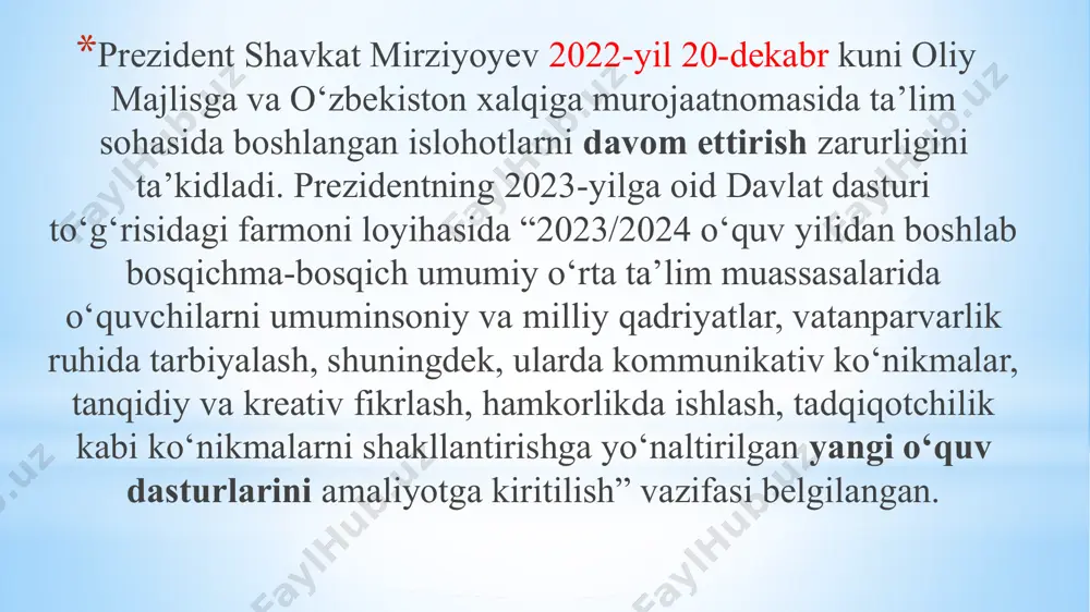 — bu yil taqdim etilgan boshlang‘ich sinf darsliklari o‘qituvchilar uchun yangilik bo‘ldi. o‘quvchilar kitoblar berilgan kun qanchalik quvonishganini so‘z bilan taʼriflab berib bo‘lmaydi. haqiqatan ham hozirgi kitoblar avvalgilaridan ancha ustun. kitobning ko‘rinishi va rang-barang suratlari har bir o‘quvchini o‘ziga qarata oldi. avvalgi kitoblar ancha qalin va og‘ir edi. ayni o‘sish davridagi bola uchun bu qator qiyinchiliklarni tug‘dirardi. yangi darsliklarning choraklarga bo‘lingani o‘quvchini yil davomida ortiqcha yukni ko‘tarib yurishdan xalos qildi — o‘zbekiston respublikasi vazirlar mahkamasining 726-qaroriga muvofiq taʼlim muassasalarining matbaa mahsulotlari texnik reglament asosida ishlab chiqariladi. yangi boshlang‘ich sinf darsliklari ana shu texnik reglamentning eng maksimal darajasidan ham yuqori sifatda ishlab chiqarilgan. bu o‘z navbatida darslikdan uzoq yil foydalanishga sabab bo‘ladi. ular sifati va chidamlilik darajasi bo‘yicha yevropa poligrafiyasi standartlariga to‘liq javob beradi. darslikning vazni, o‘lchami, shriftlari bo‘yicha reglament tasdiqlangan va shu talablardan kelib chiqqan holda ishlab chiqarilgan, — deydi taʼlimni rivojlantirish respublika ilmiy-metodik markazi direktori vohid hamidov. taʼlimni rivojlantirish …