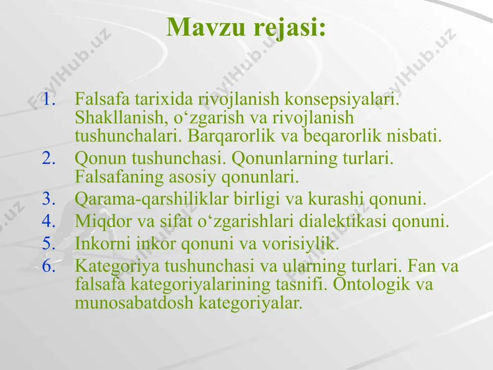 n. “inson,- deb yozadi forobiy,- haqiqatga yoki falsafaga faqat dialektik bahs orqali erishishi mumkin” borliqning ziddiyatliligi borliq haqidagi fikrlarning ziddiyatliligida o‘z aksini topadi. faylasuflar doim dunyo o’zgaruvchanmi yoki o’zgarmasmi? degan savol doirasida bahslashadilar. uzoq vaqtgacha, dunyo o‘zgarmasdir, deb kelingan edi. keyinchalik uning o‘zgaruvchanligi haqidagi g‘oya paydo bo‘ldi. geraklitning bir daryoga ikki marta tushib bo‘lmaydi, degan so‘zlarini eslaylik. xo‘sh, faylasuflardan qaysi birlari haq? dunyo o‘zgarmasdir, deganlarimi yoki, u o‘zgaruvchandir, deganlarimi? sog‘lom fikr dunyoda o‘zgaruvchanlik ham, barqarorlik ham mavjudligidan dalolat beradi. harakatning mohiyatini tushunishga uringan qadimgi yunon faylasufi zenon (490-430 er. avv.) ana shunday muammoga duch kelgan. o‘z mantiqiy muhokamalarining yakunida u to‘g‘ridan-to‘g‘ri qarama-qarshi xulosaga – harakat mumkin emas, degan xulosaga keladi. bu mantiqiy paradokslar aporiyalar deb atala boshladi. masalan, «dixotomiya» deb atalgan mashhur aporiyani qarab chiqamiz. zenon birorta predmet harakatini boshlang‘ich nuqtasidan so‘nggi nuqtasigacha qarab chiqadi. u quyidagi tarzda fikr yuritadi: harakatlanuvchi predmet dastlab o‘z yo‘lining yarmidan o‘tadi, so‘ngra qolgan yarmining …