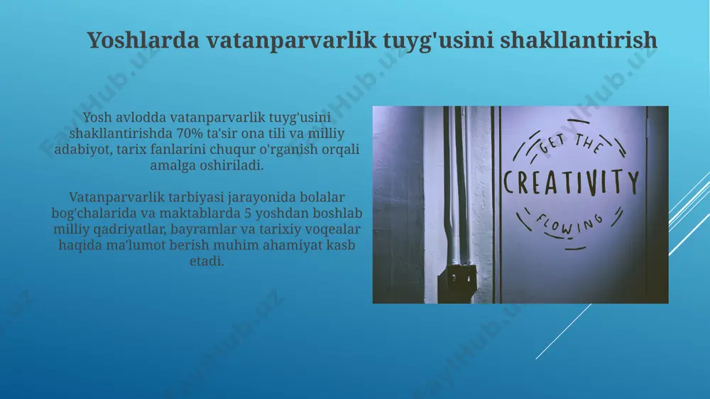 ar) saqlash va tiklashga yo'naltirilgan loyihalar sonining 2022 yildan 2024 yilga qadar 2 barobar oshishi milliy qadriyatlarga bo'lgan hurmatni kuchaytirishga xizmat qiladi. vatan himoyasi va xavfsizligi o'zbekiston respublikasining chegaralarini himoya qilish uchun 100 000 dan ortiq harbiy xizmatchilar va chegarachi qo'shinlar xizmat qiladi. mamlakat mudofaa byudjeti har yili yaimning 2-3% ni tashkil etadi, bu milliy xavfsizlikni ta'minlash uchun zarur investitsiyalarni aks ettiradi. vatanparvarlikni tarbiyalashning ahamiyati mustaqil davlatimizning 2023 yildagi rivojlanish strategiyalari doirasida vatanparvarlik tarbiyasi davlat siyosatining ustun yo'nalishlaridan biri sifatida belgilangan. vatanparvarlik tuyg'usini shakllantirish yosh avlodning milliy ongiga, 50% ga yaqin ta'sir ko'rsatadi, bu kelajakda ijtimoiy barqarorlik va iqtisodiy taraqqiyot uchun muhim omil hisoblanadi. vatanga muhabbatni uyg'otish yo'llari vatan himoyachilari – harbiylar, shifokorlar va o'qituvchilarning 30% dan ortig'i bilan uchrashuvlar va suhbatlar tashkil etish yoshlar ongida vatanparvarlik tuyg'usini shakllantirishga yordam beradi. vatanga muhabbatni uyg'otishda milliy qahramonlar hayoti va jasoratlari haqida 5-7 yoshgacha bo'lgan bolalar uchun sodda va tushunarli hikoyalarni o'qish …