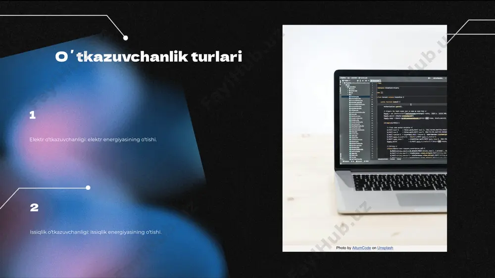 nduksiya juda samarali bo'lib, issiqlikni tezda tarqatadi. usul 2 energiyani o'tkazishning ikkinchi usuli - konveksiyadir. bu usulda energiya suyuqlik yoki gazdagi harakatlar orqali tarqaladi, bu esa issiqlik almashinuvi uchun muhimdir. konveksiya tez o'zgaruvchan muhitlarda samarali ishlaydi. usul 3 energiyani o'tkazishning uchinchi usuli - radiatsiyadir. radiatsiya orqali energiya to'lqinlar shaklida uzatiladi, masalan, quyosh nuri orqali. radiatsiya, ayniqsa, bo'shliqdagi energiya o'tkazishda samaralidir. usul 4 energiyani o'tkazishning to'rtinchi usuli - elektrostatik o'tkazishdir. bu usulda elektr energiyasi materiallar orasidagi elektr maydoni orqali o'tadi. elektrostatik o'tkazish elektr energiyasini uzatishda muhim rol o'ynaydi. oʼtkazuvchanlik va energiya samaradorligi oʼtkazuvchanlik ta'siri oʼtkazuvchanlik energiya samaradorligiga bevosita ta'sir qiladi. yuqori oʼtkazuvchanlik materiallar energiyaning samarali o'tkazilishini ta'minlaydi, bu esa energiya sarfini kamaytiradi. samaradorlikni oshirish samaradorlikni oshirish uchun oʼtkazuvchanlik xususiyatlarini yaxshilash va izolyatsiya materiallaridan foydalanish zarur. shuningdek, energiya tejovchi texnologiyalarni qoʼllash samaradorlikni oshiradi. misollar bilan tasdiqlash masalan, energiya samaradorligi yuqori bo'lgan binolar oʼtkazuvchanlikni optimallashtirish orqali energiya sarfini sezilarli darajada kamaytiradi. bu holat …