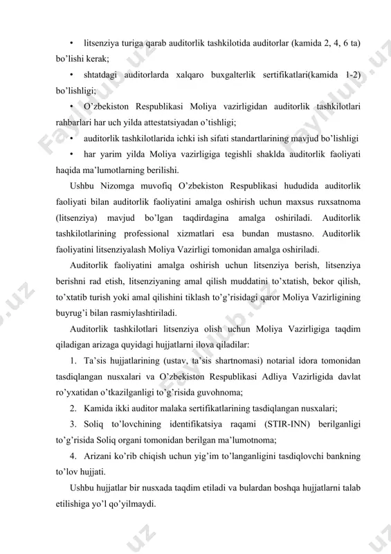 a hujjatlarni talab etilishiga yo’l qo’yilmaydi. auditorlik tashkiloti topshirgan ariza va boshqa zarur hujjatlar litsenziyalovchi organ tomonidan 15 kun ichida ko’rib chiqilib, litsenziya berish yoki litsenziya berishni rad etish to’g’risida qaror qabul qilinishi lozim. hujjatlar litsenziyalovchi organlar tomonidan ko’rib chiqilganligi uchun auditorlik tashkiloti eng kam ish haqining (to’lov kunidagi) ikki baravari miqdorida yigim to’lanadi. litsenziyalovchi organ litsenziya berish yoki litsenziya berishni rad etish to’g’risida qaror qabul qilingandan so’ng uch kun mobaynida bu haqda auditorlik tashkilotiga bildirish xati yuborishi kerak. litsenziya berish to’g’risidagi bildirish xati litsenziya bitimi loyihasi ilova qilingan holda yozma shaklda auditorlik tashkilotiga yuborilib (topshirilib), unda davlat boji to’lanadigan bank rekvizitlari va to’lash muddati ko’rsatiladi. litsenziya uchun davlat boji eng kam ish haqining to’rt baravari miqdorida undiriladi va respublika byudjetiga o’tkaziladi. litsenziya berish auditorlik tashkiloti tomonidan davlat boji to’langanligini tasdiqlovchi hujjat taqdim etilgan taqdirda va litsenziya bitimi imzolanganidan so’ng amalga oshiriladi. litsenziyaning asli auditorlik tashkilotiga beriladi, nusxasi belgilangan tartibda …