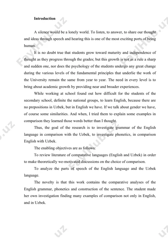 ence. the student made her own investigation finding many examples of comparison not only in english, and in uzbek. materials and literature which she used were «the comparative typology of english and turkic languages», the lectures on «comparative typology» and «theory of phonetics» by a. abduazizov. the qualification work consists of several parts where she opened and analyzed the theme. 1. main part a word is known as the smallest naming unit of the language. according to l. bloomfield, word is a minimum free form. close observation and comparison of words clearly shows that a great number of words have a composite nature and are made up of smaller units, each possessing sound-form and meaning. in other words, the term word denotes the basic unit of a given language resulting from the association of a particular meaning with a particular group of sounds capable of a grammatical employment is a …