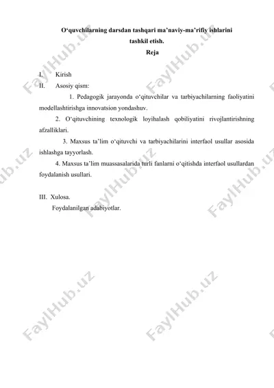 o‘quvchilarning darsdan tashqari ma’naviy-ma’rifiy ishlarini tashkil etish. — DOC
