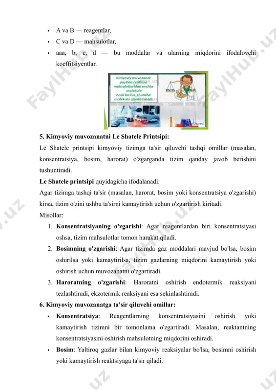 darsni yakunlash (10 daqiqa): · savol-javob: o‘quvchilardan kimyoviy muvozanat va le shatele printsipi haqida savollar so‘rash. · umumlashtirish: · kimyoviy muvozanatni ta'sir qiluvchi omillar va ularning o‘zgarishlariga qanday javob berilishini umumlashtirish. · kompyuter yordamida o‘rganilgan natijalarni qisqacha ko‘rib chiqish. · uyga vazifa: kimyoviy muvozanatga oid eksperimentlarni kompyuter simulyatsiyasida amalga oshirish va natijalar haqida qisqacha hisobot yozish. darsning baholash: · o‘quvchilarning guruhli ishlari va kompyuter simulyatsiyasida erishilgan natijalari asosida baholash. · savol-javob orqali o‘quvchilarning mavzu bo‘yicha bilim darajasi baholanadi. darsning samaradorligini oshirish uchun qo‘llaniladigan texnologiyalar: · phet simulyatsiyalari: kimyoviy muvozanat va le shatele printsipi haqida interaktiv mashqlar va simulyatsiyalarni o‘tkazish. · chemcollective: kimyo fanida masalalarni hal qilish, simulyatsiyalar orqali muvozanatni tahlil qilish. bu dars ishlanmasi kimyoviy muvozanat mavzusini o‘rganishda o‘quvchilarga kompyuter texnologiyalaridan samarali foydalanish imkonini beradi. interaktiv simulyatsiyalar orqali o‘quvchilar kimyoviy muvozanatni amaliyotda ko‘rishadi va le shatele printsipini aniq tushunishadi.