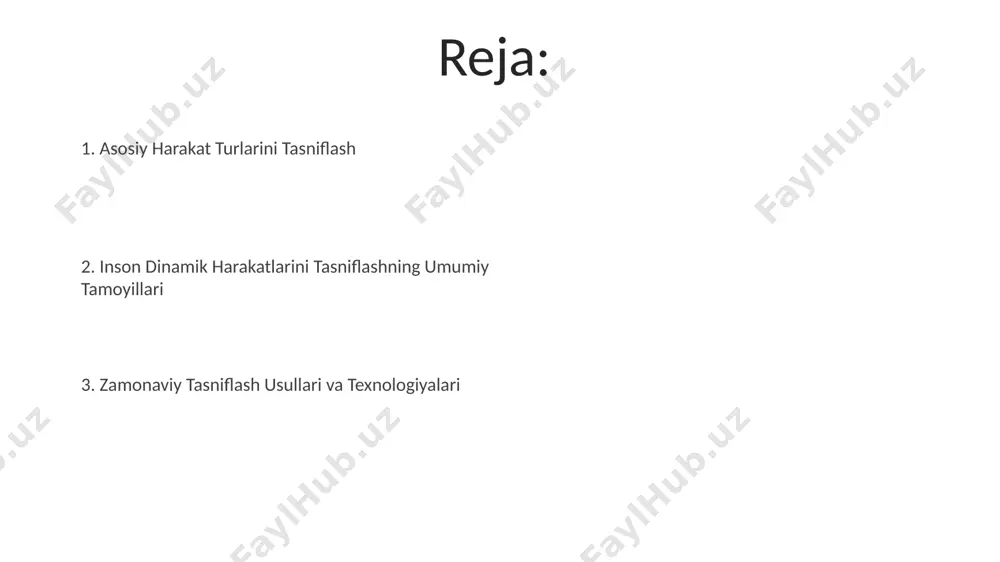 alari bilan tavsiflanadi. harakatlarning biomexanik tasnifi harakatlarning biomexanik tasnifi 3 ta asosiy turga bo'linadi: 1) tekis chiziqli, 2) aylanma va 3) murakkab harakatlar, bu yerda 20 dan ortiq mushak guruhlari ishtirok etadi, masalan, yugurish toshkentda o'tkazilgan tadqiqotlarga ko'ra. inson tanasining 206 ta suyaklarining o'zaro ta'siri natijasida yuzaga keladigan harakatlarning biomexanik tasnifi, harakat tezligi (m/s) va kuch (n) parametrlari bo'yicha qozog'iston olimlarining tadqiqotlariga asosan aniqlanadi. dinamik parametrlarni o'lchash inson harakatlarining dinamik parametrlarini, jumladan, 3 o'lchovli tezlanish va burchak tezligini, 20 gz chastotali akselerometr va giroskop yordamida aniqlaymiz. samarqandda o'tkazilgan tadqiqotda 50 nafar ishtirokchining sakrash balandligi va uzunligini aniqlash uchun 100 hz chastotali yuqori aniqlikdagi kamera tizimidan foydalanildi. inson dinamik harakatlarining tasnifi inson dinamik harakatlarining tasnifi 3d harakatni qo‘lga olish tizimlari, masalan, 6 kamerali vicon tizimi yordamida, 20 dan ortiq qo‘shma bo‘g‘imlarning harakatini aniq kuzatish orqali amalga oshiriladi, bu esa harakatlarni aniq tasniflash imkonini beradi. o‘zbekiston milliy universiteti tadqiqotchilari tomonidan o‘tkazilgan eksperimentlarda …