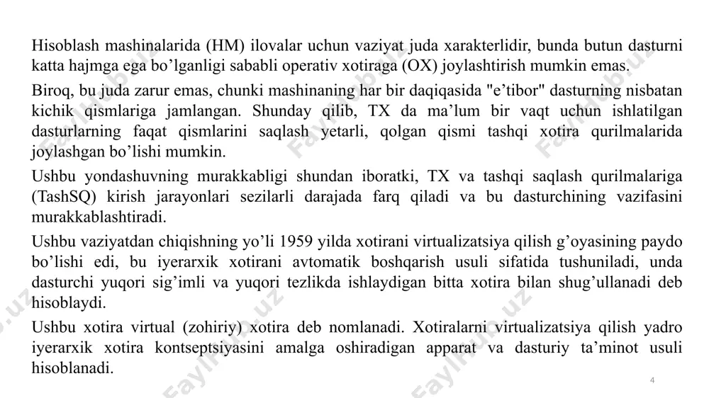 gan sahifalar toʻplamining konsepsiyasidan foydalanadi. ishchi toʻplam har bir jarayon uchun aniqlanadi va eng tez-tez ishlatiladigan sahifalar roʻyxati boʻlib, ular doimo tsqda boʻlishi kerak, shuning uchun tushirishga toʻgʻri kelmaydi. tsqni tark etishi kerak boʻlgan sahifa tanlanganidan soʻng, uning oʻzgartirish belgisi tahlil qilinadi (sahifa jadvalidan). agar chiqarilgan sahifa yuklangandan keyin oʻzgartirilgan bo'lsa, unda uning yangi versiyasi diskka qayta yozilishi kerak. agar yoʻq boʻlsa, u shunchaki yoʻq qilinishi mumkin, yaʻni tegishli fizik sahifa oddiy eʻlon qilinadi. 14 plaginli xotira tashkil etilishi bilan virtual manzilni jismoniy manzilga aylantirish mexanizmini qaraymiz (3-rasm). sahifalar uchun virtual adres juftlik (p, s) shaklida berilishi mumkin, bu yerda p - jarayonning virtual sahifasining raqami (sahifa raqamlanishi 0 dan boshlanadi) va s - bu virtual sahifadagi siljish. sahifaning oʻlchamlari k darajadagi 2 ga tengligini hisobga olsak, sintaksisni virtual adresning ikkilik kiritilishida k ahamiyatli boʻlaklarni ajratish orqali olish mumkin. qolgan yuqori tartibli bitlar bu p raqami uchun ikkilik notadir. 3-rasm. …