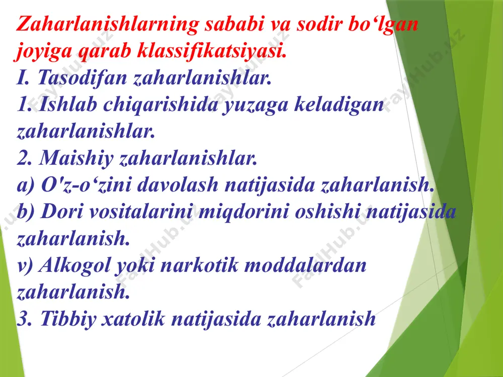 klani qabul qilganda kuzatiladi. etil spirtining o`limiga olib kelishi mumkin bolgan bir martalik miqdori 96% 300-400 ml eritmasi yoki 4-12 g/kg hisoblanadi. alkogol- ni komaga olib keluvchi miqdori 3 g/l,. qondagi alkogol konsentratsiyasi 150 mg % bo‘lganda zaharlanish kuzatiladi, 350 mg % bo‘lganda og‘ir zaharlanish, 550 mg % bo‘lganda o`lim holati kuzatiladi. alkogol toksikokinetikasi, ya’ni organizmga kirib so‘rilishidan to chiqib ketishigacha. bolgan jara­yon ikki fazaga bo‘linadi; i. rezorbsiya (so‘rilish) fazasi. alkogolni 20% oshqozonda va 80% ingichka ichakda so‘rilishi nati­jasida 1,5 soat davomida qondagi konsentratsiyasi yuqori darajaga etadi. ii. eliminatsiya (chiqarib yuborish) fazasi o‘pka orqali o‘zgargan holda. * buyraklar orqali o'zgarmagan holda chiqarib yuboriladi. * 7-12 soatdan keyin toliq eliminatsiya amalga oshadi. komatoz holatning 3 bosqichi farqlanadi: * yuzaki koma i » yuzaki koma ii * chuqur koma. yuzaki koma i qorachiqlar toraygan, og‘riq reaksiyasiga qisqa vaqt kengayadi, oglzdan alkagol hidi seziladi, nashatir spirti hidlatilganda be­mor mimik reaksiya, qo`l himoya harakati …