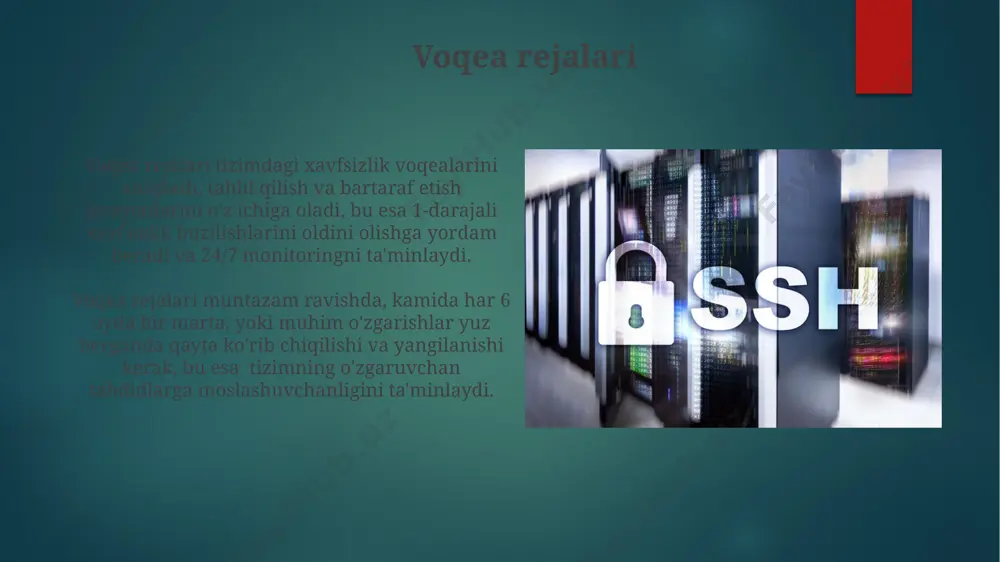 klash jarayoni 15 daqiqadan oshmasligi va barcha muhim ma'lumotlarni 99% tiklashni ta'minlashi lozim, bu uchun test rejalari mavjud bo'lishi zarur. axborot xavfsizligini doimiy takomillashtirish ma'lumotlarni shifrlash va zahira nusxalarini yaratish siyosatini aniqlab, kamida 7 kunlik ma'lumotlarni saqlash va 3 oyda bir marta sinovdan o'tkazish muhim ahamiyatga ega. axborot xavfsizligini ta'minlash uchun kamida 3 bosqichli autentifikatsiya tizimlarini joriy etish va har yili kamida 2 marta xavfsizlik auditini o'tkazish zarur. kirish nazorati samarali kirish nazorati uchun kamida 8 ta harfdan iborat kuchli parollardan va muntazam ravishda parolni o'zgartirishdan foydalanish zarur. kirish nazorati siyosati, ip-manzilni cheklash va xavfsizlik devori kabi texnologiyalar yordamida tashqi tahdidlardan himoya qilishni ta'minlaydi. foydalanuvchi huquqlari boshqaruvi axborot tizimida 2-darajali autentifikatsiya, masalan, parol va bir martalik kodlardan foydalanish, foydalanuvchi huquqlarini himoya qilishning muhim jihati hisoblanadi. foydalanuvchi huquqlari boshqaruvi tizimi kamida 3 ta rolni (administrator, foydalanuvchi, mehmon) va ularga tegishli 10 dan ortiq farqlovchi huquqlarni belgilash imkoniyatini ta'minlashi kerak. e'tiboringiz uchun …