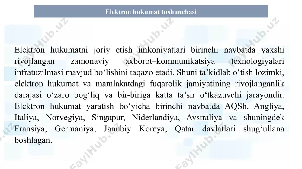 lat biznesga xizmatlari (g2b) biznesni boshlash litsenziyalar va ruxsatnomalarni ro'yxatdan o'tkazish soliq va statistik hisobotlarni taqdim etish elektron to'lovlar hukumat organlari o’rtasidagi aloqalar (g2g) elektron hujjat aylanishi xodimlarni boshqarish moliyaviy menejment davlat xaridlari g2c g2b g2g davlat aholiga xizmatlari (g2c) fuqarolik holati dalolatnomalarini ro'yxatdan o'tkazish mulkni ro'yxatdan o'tkazish ta'lim xizmatlari ijtimoiy xizmatlar vizalarni qayta ishlash e-gov “elektron hukumat” tizimi arxitekturasi elektron hukumatning amaldagi loyihalari o’zbekiston respublikasi normativ hujjatlar loyihalari muhokamasi portali 17 19 elektron hukumat loyihalarini amalga oshirish mexanizmi “elektron hukumat” tizimini rivojlantirish markazi “elektron hukumat” tizimini rivojlantirish bo‘yicha strategik yo‘nalish ishlab chiqish tadbirkorlik sub’ektlari va aholiga davlat xizmatlarini ko‘rsatish qismida davlat tashkilotlarini biznes-jarayonlarni takomillashtirish axborot kommunikatsiya texnologiyalarini rivojlantirish va tadbiq etishning tizimli monitoringi axborot xavfsizligi ta’minlash markazi axborot tizimlari xavfsizligi va davlat organlari resurslarini ta’minlash axborot xavfsizligiga xatarlarni taxlili va tavsifi “elektron xukumat” tizimini axborot xavfsizligini takomillashtirish bo‘yicha qarorlarni ishlab chiqish “elektron hukumat”“ tizimini rivojlantirish markazining maqsad va vazifalari …