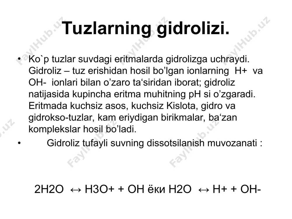 l.v.pisarjevskiy tomonidan taklif etilgan. reaktsiyada elektron yo’qotgan atom yoki ion oksidlanadi, bunda elementning oksidlanish darajasi musbat qiymatli sonlar tomon oshib boradi. masalan, quyidagi yunalishga muvofiq o’zgarishlarda marganets oksidlanadi, uning oksidlanish darajasi 2+ dan 7+ gacha ortadi : mn2+ o → mn3+2 o3 →mn4+o2 →k2mn6+o4 →kmn7+o4 qo’shalok va kopleks tuzlar. tarkibida kompleks ionlar bo’lgan moddalvar kompleks birikmalar deyiladi. ular qo’shalok tuzlar singari urta tuzlarning o’zaro birikib murakkabrok tarkibli birikmalarga aylanishidan hosil bo’ladi. (nh4)2so4 + fe(so4)3 = 2nh4fe(so4)2 (qo’shalok to’z) fe(cn)3 + 3kcn = k3[fe(cn)6] (kompleks to’z) kompleks v qo’shaloq tuzlar dissotsilanish xarakteri jixatidan bir- biridan fark qiladi. qo’shalok to’z 2nh4fe(so4)2 dissotsilanganda eritmada nh4 , fe3+ va so2-4 ionlari erkin holda mavjud bo’ladi: nh4fe(so4)2 ↔ nh+4 + fe3+ + 2 so2-4 qolloid eritmalar. uchinchi gruppa kationlarining sulfidlari va gidroksidlari qolloid eritmalar hosil qilishga moyil, bunday eritma hosil bo’lishi tufayli cho’kma hosil bo’lmaydi yoki eritmani tsentrifugalash yuli bilan undan cho’kmani ajratish mumkin bo’lmay …
