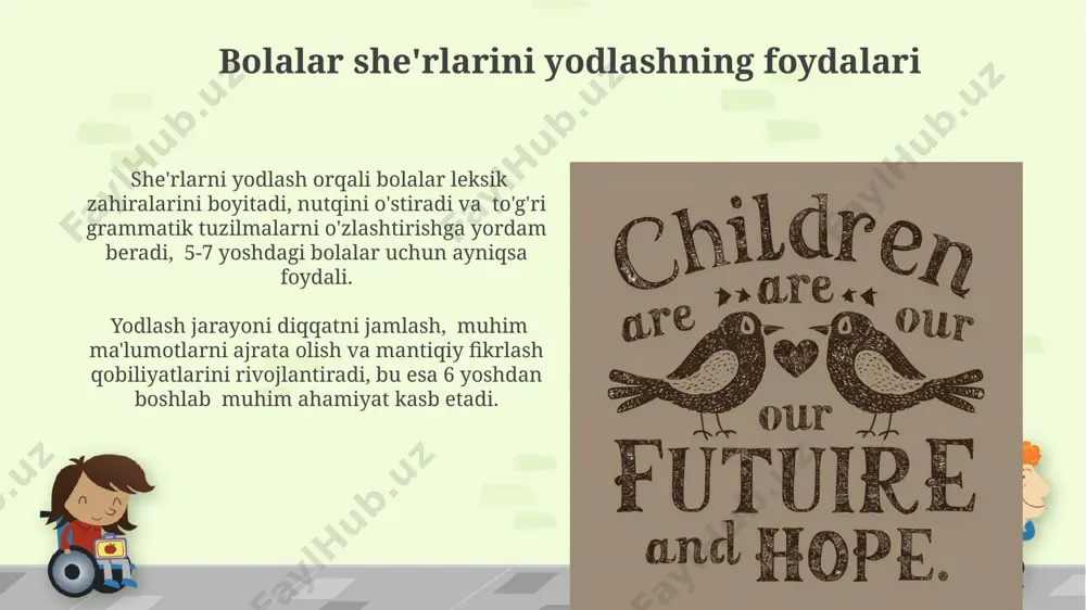 xususiyati – tezkor o'zgaruvchan ritm va qo'shiqqa moslashuvchanligi, musiqa bilan birgalikda ta'sirini kuchaytiradi. ushbu she'rlarda bolalar dunyosi, tabiat hodisalari, hayvonlar va kundalik hayot tasvirlanadi, 5 dan ortiq she'riy o'lchovlar qo'llanilishi mumkin. bolalar ijodini rag'batlantirish bolalar ijodini rag'batlantirishda har oyda 2-3 ta eng yaxshi asarlarni tanlab, maxsus mukofotlash tizimini joriy etish motivatsiyani kuchaytiradi va ishtirokni oshiradi. bolalar she'rlari va hikoyalarini nashr etish orqali, masalan, 100 nusxada kitob chop etish yoki maktab devoriy gazetasida e'lon qilish orqali ularning o'ziga ishonchini oshirib, ijodkorlikka bo'lgan intilishlarini mustahkamlaymiz. xalq maqollarining bolalar hayotida o'rni maqollar yordamida bolalarga 10 ta asosiy axloqiy qoida (halollik, mehr-oqibat va boshqalar) singdiriladi, bu esa ularning ijtimoiylashuviga ijobiy ta'sir ko'rsatadi. xalq maqollarining 30% dan ortig'i bolalar tarbiyasi, axloqiy fazilatlarni shakllantirishga bag'ishlangan bo'lib, ular yosh avlodga 5-7 yoshdan boshlab o'rgatiladi. kelajak avlod uchun she'r va maqollar merosi o'zbek xalq maqollarining 2000 dan ortiq namunasi bolalar tarbiyasi, axloqiy qadriyatlar va hayot haqidagi bilimlarni o'z …
