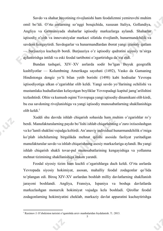 kllanish jarayoni boshlandi. angliya, fransiya, ispaniya va boshqa davlatlarda markazlashgan monarxik hokimiyat vujudga kela boshladi. qirollar feodal zodagonlarning hokimiyatini cheklab, markaziy davlat apparatini kuchaytirishga harakat qildilar. bu jarayon feodal tarqoqlikni yengib, milliy birlik va yagona bozorlarning shakllanishiga yordam berdi. madaniyat va ilm-fan sohasidagi yutuqlar ham feodalizm inqiroziga ta’sir ko’rsatdi. uyg’onish davri inson aql-idrokining, ilmiy tadqiqotlarning va san’atning rivojiga turtki berdi. antik davr madaniyatiga qiziqish kuchaydi, ilmiy tajribaga asoslangan bilimlar taraqqiy etdi. asta-sekin, inson va uning dunyodagi o’rni haqidagi tasavvurlar o’zgardi. endilikda inson o’z taqdirini mustaqil belgilashga qodir mavjudot sifatida ko’rila boshladi. bu esa ijtimoiy va siyosiy tuzumlarning o’zgarishiga zamin yaratdi. xuddi shunday, reformatsiya harakati ham feodal tizimni zaiflashtiruvchi omil bo’ldi. martin lyuter va boshqa islohotchilar katolik cherkovining boylikka mukkasidan ketganini va diniy hokimiyatining suiiste’mol qilinishini tanqid qilib, yangi diniy oqimlarning paydo bo’lishiga sabab bo’ldilar. natijada ko’plab hududlarda cherkovning iqtisodiy va siyosiy hokimiyati pasaydi, bu esa feodal tizimni qo’llab-quvvatlovchi asosiy ustunlardan …