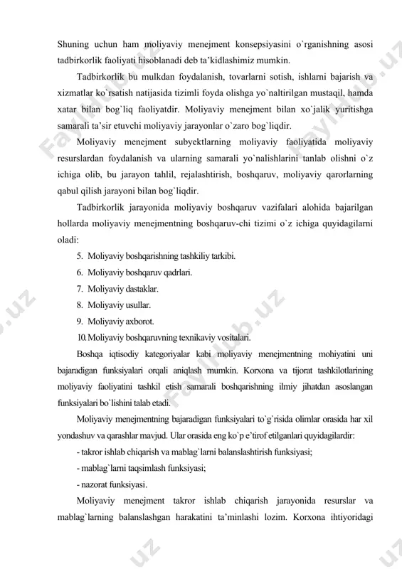 tegoriyalar kabi moliyaviy menejmentning mohiyatini uni bajaradigan funksiyalari orqali aniqlash mumkin. korxona va tijorat tashkilotlarining moliyaviy faoliyatini tashkil etish samarali boshqarishning ilmiy jihatdan asoslangan funksiyalari bo`lishini talab etadi. moliyaviy menejmentning bajaradigan funksiyalari to`g`risida olimlar orasida har xil yondashuv va qarashlar mavjud. ular orasida eng ko`p e’tirof etilganlari quyidagilardir: · takror ishlab chiqarish va mablag`larni balanslashtirish funksiyasi; · mablag`larni taqsimlash funksiyasi; · nazorat funksiyasi. moliyaviy menejment takror ishlab chiqarish jarayonida resurslar va mablag`larning balanslashgan harakatini ta’minlashi lozim. korxona ihtiyoridagi resurslarning turli qismlari aylanishi muddatlari bir-biriga muvofiq kelmaydi. takror ishlab chiqarish jarayoniga avanslangan mablag` asosiy kapital va aylanma kapital ko`rinishiga ega bo`ladi. avanslangan kapitalning tarkibiy qismlari har xil muddatlarda pul ko`rinishiga qaytadi. ayni paytda takror ishlab chiqarish uzluksizligini ta’minlash uchun asosiy kapital va aylanma kapitalning moddiy element-larini muvofiq ravishda yangidan to`ldirib turish talab etiladi. demak, moliyaviy menejment korxonada moliyaviy resurslar shakllanishini va takror ishlab chiqarish ehtiyojlariga mos ravishda asosiy va aylanma kapitalni …