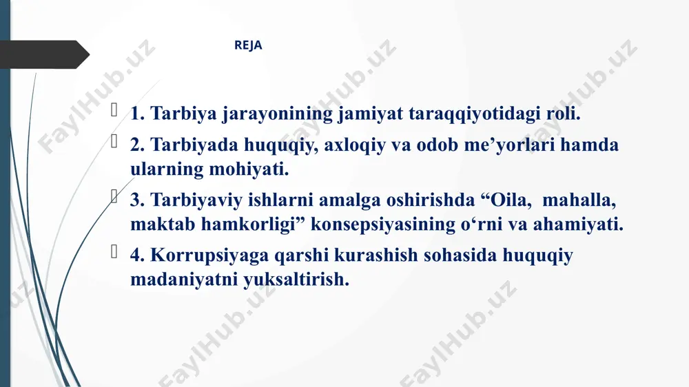 ди.таълим ташкилотлари педагог ходимларининг ҳуқуқлари, шаъни, қадр-қиммати ва ишчанлик обрўси давлат ҳимояси остида бўлади. таълим ташкилотлари педагог ходимларининг касбий фаолиятига аралашишга, таълим олувчиларнинг билимларини тўғри ва холис баҳолашга таъсир кўрсатишга, шунингдек ушбу педагог ходимларнинг хизмат мажбуриятларини бажаришига тўсқинлик қилишга йўл қўйилмайди. педагог ходимлар қуйидаги ҳуқуқларга эга: ўз шаъни, қадр-қиммати ва ишчанлик обрўсини ҳимоя қилиш; ўз касбий фаолиятига аралашувдан ҳимояланиш; давлат соғлиқни сақлаш муассасаларида бепул тиббий кўрикдан ўтиш (давлат таълим муассасалари ва ташкилотлари учун); 46-модда. педагог ходимларнинг мажбуриятлари педагог ходимлар: - таълим-тарбия жараёни иштирокчиларининг шаъни, қадр-қиммати ва ишчанлик обрўсини ҳурмат қилиши; - ўқув машғулотларини сифатли ўтказиши; - ахборот-коммуникация технологияларидан, ўқитиш ва тарбиянинг илғор ҳамда инновацион шакллари ва усулларидан фойдаланиши; вояга етмаган таълим олувчилар билан таълим-тарбия ишларини уларнинг ота-онаси ёки бошқа қонуний вакиллари билан ҳамкорликда олиб бориши; ички меҳнат тартиби қоидаларига риоя этиши; ўз малакасини мунтазам равишда ошириб бориши, эгаллаб турган лавозимига мувофиқлик жиҳатидан даврий аттестациядан ўтиши; тиббий кўрикдан ўз вақтида ўтиши …
