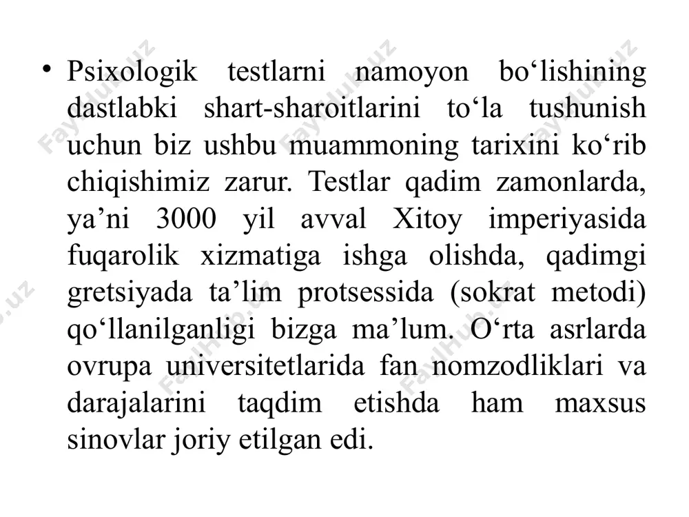 ужудга келган бўлиб, унда мактаб, коллеж, ҳарбий хизматга, кадрларни ишга қабул қилинадиган номзодларни стандартлаштирилган тестлардан фойдаланган ҳолда саралаш имконини берувчи воситаси сифатида хизмат қилади. бугунги кунда психологик тестларни қўллаш психологик тестларни вазифаси ҳар шароитларда индивид ёки индивидлар ўртасидаги тафовутларни ўлчашга хизмат қилади. бу борада қўлланилган илк тестлар ақлий тараққиётдан ортда қолиш масалаларига бағишлаб ишлаб чиқилгандир. бундай тестларни клиник мақсадларда фойдаланиши хулқ-атворида оғиши бор, хулқдаги ўзгаришлар ва ҳуқуқ бузарликка мойил инсонларни текиришга йўналтирилгандир. anne anastasi, susana urbina. psychology testing.-prentice-hall international, inc.2000.p.2-3 тестларни жадал ривожланишининг бир йўналиши таълимда вужудга келган бўлиб, ҳар хил таълим муассасаларида болаларнинг иқтидор ва қобилиятига кўра саралаб ўқитиш учун мўлжаллаганлиги, таълим жараёнида ўзлаштирмасликни сабабларини аниқлаш, ўрта мактаб ва касб-ҳунар коллеж ўқувчиларининг касб-ҳунар танлаш маслаҳатларини ташкил этишда, касб-ҳунар ва бошқа таълим муассасалари учун саралашларнинг амалга оширилиши таълимда тестларнинг қўллашнинг ўзига хос хусусияти ҳисобланади. психологик маслаҳат соҳасида психологик тестлаштиришни қўллаш инсон ҳаётнинг турли йўналишларида тор йўналишдаги тестлаштиришни доимий равишда жорий …
