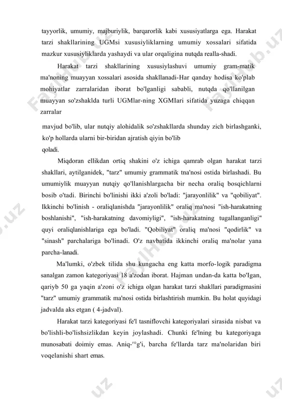 u kategoriyaga munosabati doimiy emas. aniq-r°g'i, barcha fe'llarda tarz ma'nolaridan biri voqelanishi shart emas. o'zgalovchi kategoriyasi o'zgalovchi kategoriyasi haqida umumiy ma'lumot. iga xos shunday grammatik shakllar borki, ular fe'lni kesimlik-n boshqa turkumlarga ( -(a)y, -(i)b, -gach, -guncha, -gancha, -sanaa, -gani, -may/masdan shakllari ravishga, -gan, -ayotgan, -lgan/ydigan sifatga, -moq, -ish, -uv otga) xos vazifalarga xoslaydi. shunga ko'ra, ular uch guruh - ravishdosh, sifatdosh va harakat nomi shakllariga ajratiladi. bu shakllar fe'lga nutqda o'zga turkum xossalarini «yopishtirganligi» uchun bir butun holda o’zgalovchi kategoriyasi atamasi bilan nomlanadi. ma'lumki, o'zgalovchi, garchi bunga o'zbek tili qurilishida etarli asos va ehtiyoj bo'lishiga qaramay, alohida kategoriya sifatida ajratilmagan. biroq ularning tarkibiy qismlari, ichki shakllari , bo’lgan ravishdosh, sifatdosh, harakat nomi ayrim manbalarda , kategoriya sifatida qaraladi. shuning uchun turkiyshunoslikda “harakat nomi kategoriyasi”, “sifatdosh kategoriyasi”, “ravishdosh kategoriyasi” kabi atamalarni uchratish mumkin. haqiqatan ham, o'zgalovchining turlari bo'lgan bu «kategoriya»lar ma'lum bir umumiy ma'no (ravishdoshda «fe'lni fe'lga bog'lash va unga …