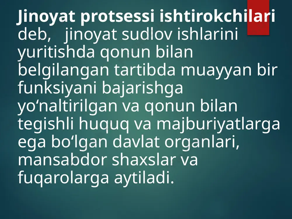 r yetkazgan deb hisoblash uchun dalillar bo‘lgan taqdirda, bunday shaxs jabrlanuvchi deb e’tirof etiladi. fuqaroviy davogar ayblanuvchi tomonidan yoki ijtimoiy xavfli qilmish sodir etgan aqli noraso shaxs tomonidan yetkazilgan zarar uchun qonunga ko‘ra mulkiy javobgar shaxs, korxona, muassasa yoki tashkilot ishda fuqaroviy javobgar sifatida ishtirok etish uchun jalb qilinishi mumkin. fuqaroviy javobgar ayblov va fuqaroviy da’voning mazmunini bilish; da’voga e’tiroz bildirish; tushuntirish berish; o‘z manfaatlarini himoya qilish uchun vakil olish; dalillar taqdim qilish; iltimosnoma berish va rad qilish, birinchi instansiya apellyatsiya, kassatsiya va nazorat instansiya sudining majlislarida ishtirok etish, sudning harakatlari va qarorlari ustidan shikoyatlar keltirish; sud hukmi va ajrimining fuqaroviy da’voga tegishli qismi ustidan shikoyatlar berish; ish bo‘yicha keltirilgan shikoyat va protestlardan xabardor bo‘lish va ularga nisbatan e’tirozlar bildirish huquqiga egadir. 5. jinoyat protsessida ishtirok etuvchi boshqa shaxslar guvoh ekspert mutaxassis tarjimon xolis guvohning advokati 4. jinoyat protsessida o‘zgalar manfaatlarini himoya qiladigan shaxslar himoyachi qonuniy vakil vakil himoyachining ishda …