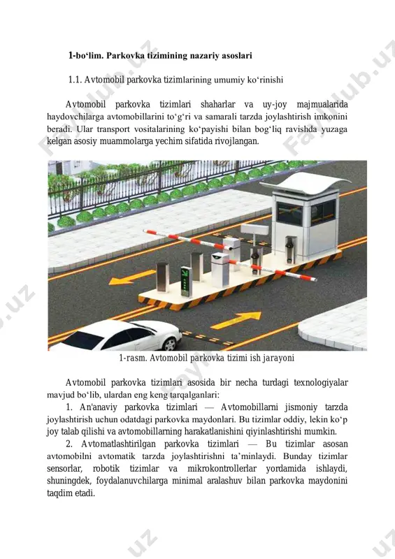 robotik tizimlar va mikrokontrollerlar yordamida ishlaydi, shuningdek, foydalanuvchilarga minimal aralashuv bilan parkovka maydonini taqdim etadi. 3. smart parkovka tizimlari — texnologiyaning rivojlanishi bilan, smart parkovka tizimlari yaratilgan. ushbu tizimlar mobil ilovalar yoki iot (internet of things) texnologiyalari orqali masofadan boshqarilishi mumkin. ularda foydalanuvchilar mavjud parkovka joylari haqida real vaqt rejimida ma'lumot olishlari mumkin. 4. ultrasonik datchiklar va masofa o‘lchash tizimlari — avtomobil parkovka tizimlarida ko‘pincha ultrasonik datchiklar ishlatiladi. ushbu datchiklar avtomobilning oldida yoki orqasida masofani o‘lchash uchun ishlatiladi va haydovchiga to‘g‘ri parkovka maydonini tanlashda yordam beradi. avtomobil parkovka tizimlarining samaradorligini oshirish uchun sensorlar va mikrokontrollerlardan foydalanish orqali avtomatlashtirish tizimlari yaratilib, haydovchilarga qulaylik yaratish mumkin. avtomobil parkovka tizimlarining asosiy maqsadi — joyni tejash, xavfsizlikni ta'minlash, va transport vositalarining harakatlanishini optimallashtirishdir. 1.2. ultrasonik datchiklarning ishlash prinsipi va qo‘llanilishi ultrasonik datchiklar zamonaviy avtomobil parkovka tizimlarida keng qo‘llaniladigan muhim komponentlardan biridir. ushbu datchiklar, masofani o‘lchash va ob'ektlarni aniqlash uchun ultratovush to‘lqinlaridan foydalanadi. 2-rasm. ultrasonik …