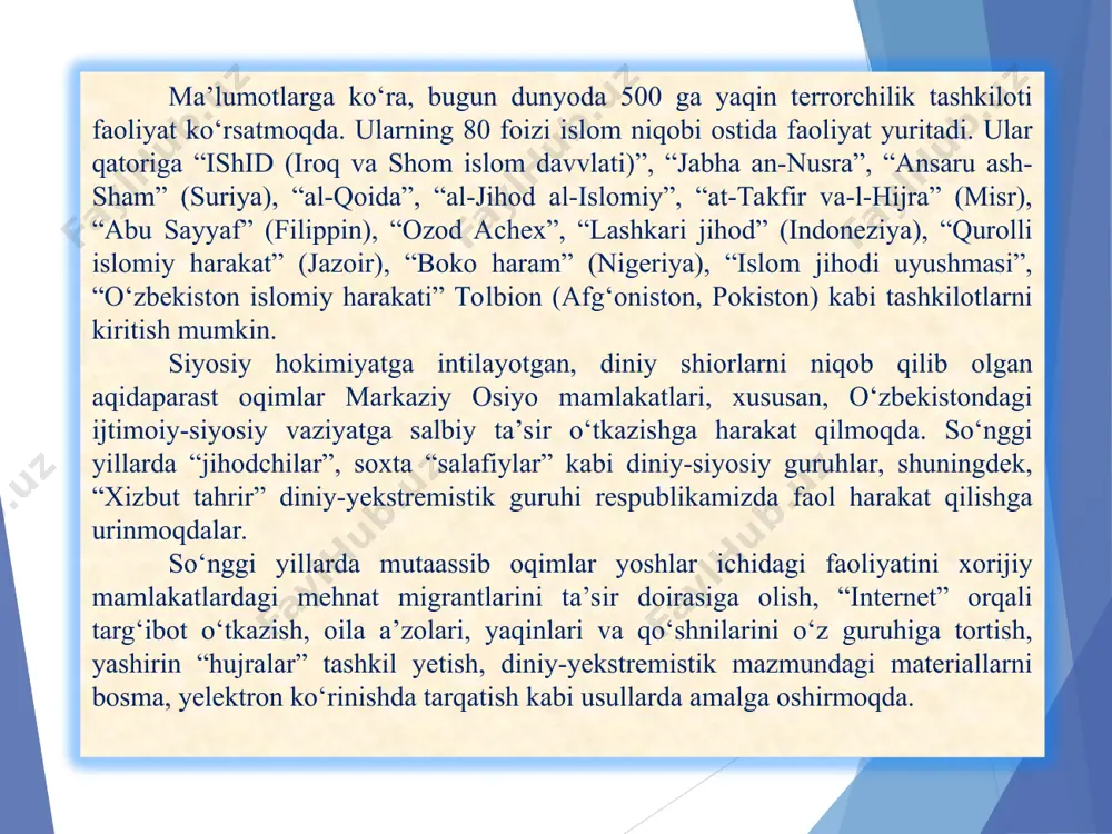 ojlanish maqsadlari bo‘yicha oliy darajadagi yalpi majlisida yurtboshimiz islom karimov nutq so‘zlab, terrorizm, ekstremizm, ayirmachilik va narkotrafikka qarshi birgalikda kurashish hamda afg‘onistondagi vaziyatni barqarorlashtirish mavvzusiga ham alohida to‘xtalib o‘tgan. shuningdek, o‘zbekiston aqsh, rossiya, xitoy, markaziy osiyo respublikalari kabi qator mamlakatlar bilan xalqaro terrorizmga qarshi kurashda samarali hamkorlik qilib kelmoqda. terrorizmga qarshi kurash va mintaqavviy hamkorlik 2022 yil 3-4 mart kunlari toshkent shahrida “bmtning global aksilterror strategiyasini amalga oshirish bo‘yicha birgalikdagi harakatlar rejasi doirasida markaziy osiyo mamlakatlarining mintaqavviy hamkorligi” mavvzuida o‘tkaziladigan xalqaro konferensiya g‘oyat muhim va dolzarb ahamiyatga yega. ushbu global anjuman mintaqa mamlakatlari va jahon hamjamiyati sa’y-harakatlarini terrorizmga qarshi hamjihatlik bilan kurashish uchun birlashish hamda faollashishga da’vat yetishga qaratilgan. o‘zbekiston respublikasi prezidenti bmt bosh assambleyasining 75-sessiyasidagi nutqida ta’kidlaganidek, “hozirgi vaqtda markaziy osiyo mintaqasida tub o‘zgarishlar yuz bermoqda. biz mintaqa davvlatlari o‘rtasida yaxshi qo‘shnichilik va o‘zaro ishonch, do‘stlik va hurmat muhitini yaratishga yerishdik. birlashgan millatlar tashkiloti bosh assambleyasining 72-sessiyasida ilgari surilgan …