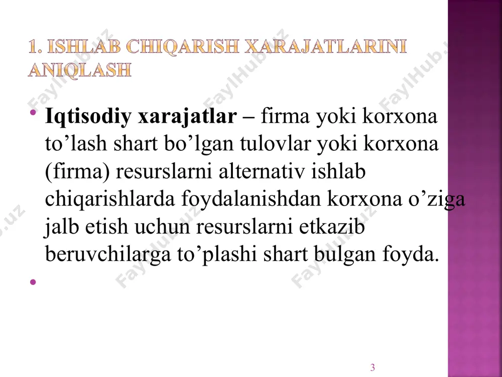 i (q) o’zgarmas xar-t (fc) o’zgaruchan xar-t (vc) yalpi xar-t (tc) chekli xar-t (mc) o’rt o’zgar-mas (afc) o’rt o’zgaruvchan (avc) o’rt umumiy (atc) 0 50 0 50 - - - - 1 50 50 100 50 50 50 100 2 50 90 140 40 25 45 70 3 50 120 170 30 17 40 57 4 50 160 210 40 13 40 53 5 50 210 260 50 10 42 52 6 50 270 320 60 8 45 53 7 50 340 390 70 7.1 49.6 56.8 8 50 420 470 80 6 53 59 9 50 510 560 90 5.5 56.5 62 10 50 610 660 100 5 61 66 jadvaldan ko’rinadiki, o’rtacha umumiy xarajatlar sotish hajmi 5 birlikka teng bo’lganda minimal 52 $ teng. chekli xarajatlar sotish xajmi 2 va 3 birlikda o’tganda 30 ga teng. o’rtacha o’zgarmas xarajatlar sotish hajmi oshishi bilan kamayib bormoqda. demak: min atc(q)=mc …