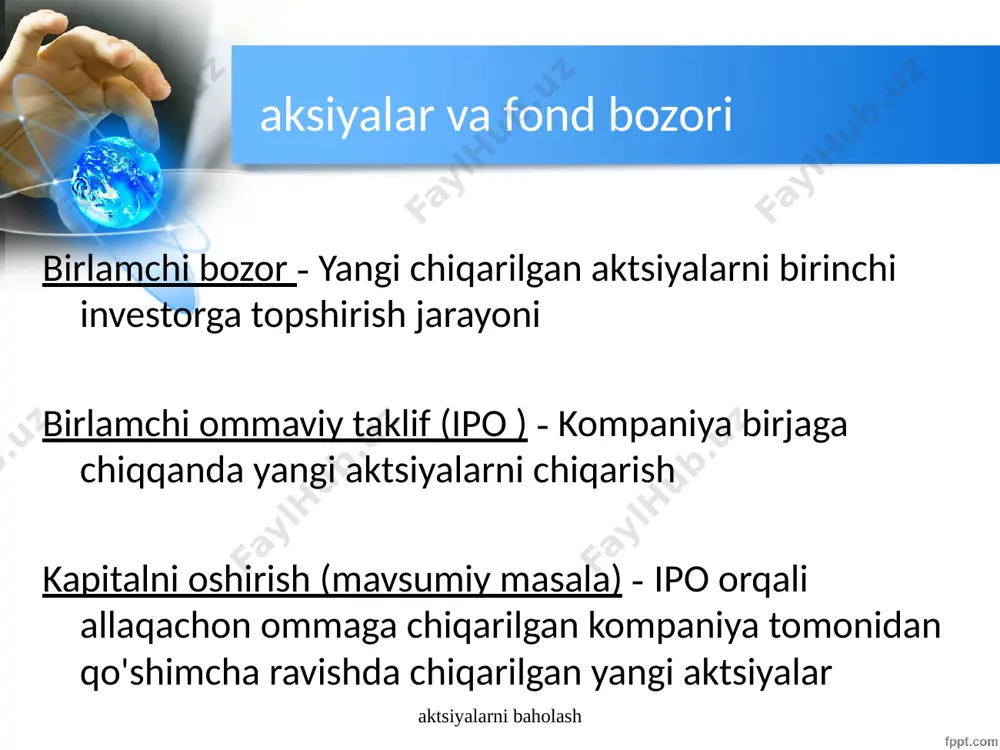 ishi kompaniya o'sishi - bu: talab qilinadigan daromad stavkasidan (wacc) yuqori bo'lgan daromad darajasiga ega kompaniya. kelajakda daromadni oshirish imkoniyati mavjud. firmaning sotuvi va daromadi shu kabi riskli firmalar va umumiy iqtisodiyotga qaraganda tezroq o'sadi. o'rtacha investitsiya imkoniyatlaridan yuqori bo'lgan yosh kompaniyalar. ushbu kompaniyalar o'z daromadlarining katta qismini ushbu investitsiya loyihalarini moliyalashtirish uchun saqlab qolishadi. kam dividend to'lash nisbati. yoki ba'zida dividend yo'q. zaxira o'sishi : bozordagi shunga o'xshash risk xususiyatlariga ega bo'lgan boshqa aksiyalarga qaraganda kutilgan daromad darajasi yuqori bo'lgan aksiya bu yuqori darajadagi xavf-xatarga moslashtirilgan daromad darajasiga erishadi, chunki bozor uni boshqa aksiyalarga nisbatan past baholagan . kompaniyalar o'sishi va zaxiralar o'sishi qimmatli qog'ozlar bozori yangi ma'lumotlarni aks ettirish uchun qimmatli qog'ozlar narxini nisbatan tez va aniq moslashtirgan bo'lsa-da, mavjud ma'lumotlar har doim ham mukammal yoki to'liq bo'lavermaydi. shu sababli, to'liq bo'lmagan ma'lumotlar bir vaqtning o'zida qimmatli qog'ozlarning kam baholanishiga yoki ortiqcha baholanishiga olib kelishi mumkin. agar aksiya …