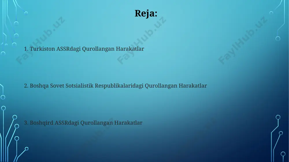 ton assrda milliy ozodlik harakati 1916-yilgi qo'zg'olon bilan boshlangan bo'lib, andijon, farg'ona va toshkent viloyatlarida keng ko'lamli norozilik namoyishlari va qurolli to'qnashuvlar yuz bergan. turkiston assrdagi qurollangan harakatlarning sabablari andijon, qo'qon va samarqand kabi shaharlarda 1920-yillarda bo'lib o'tgan qarshilik harakatlarining sabablaridan biri, yer islohoti va kolxozlashtirish siyosati tufayli dehqonlarning yer va mulklarini yo'qotishidan kelib chiqqan norozilik edi. turkiston assrdagi 1920-yillardagi qurollangan qo'zg'olonlarning asosiy sabablaridan biri, mahalliy aholi orasida sovet hokimiyatining repressiv siyosati va 20 mingdan ortiq kishini qurbon qilgan ocharchilik edi. qirgʻizistondagi qoʻzgʻolonlar 1916-yilgi qo'zg'olon davrida qirg'izistonning janubiy viloyatlarida, xususan, osh viloyatida minglab qirg'izlar rus qo'shinlariga qarshi qurollangan qarshilik ko'rsatishgan, bu esa katta qirg'inlarga olib kelgan. qirg'izistondagi 1920-yillardagi mahalliy qo'zg'olonlar, asosan, o'sh va jalal-obod kabi janubiy hududlarda bo'lib o'tgan va bu qo'zg'olonlarga qarshi sovet hokimiyati kuchli harbiy kuchlarni safarbar qilgan. qurollangan harakatlarning natijalari va oqibatlari 1920-yillardagi turkiston assrdagi qurollangan isyonlar sovet hokimiyatining mustahkamlanishiga to'sqinlik qilib, minglab inson qurbonlari va keng …