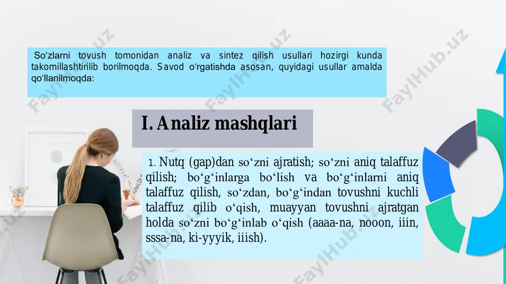 fuz qilish maqsadida nutq organlarini zarur holatga keltirish (sintez) muhim o‘rin tutadi. masalan, u tovushining analizida til tanglayga tomon baland ko‘tariladi, tanglay bilan til orasida torgina bo‘shliq qoladi, lablar bir-biriga yaqinlashib yumaloqlashadi, ovoz hosil bo‘ladi; r tovushining sintezida og‘iz ozroq ochiq, tishlar orasida bo‘shliq bo‘ladi, lablar ozgina kengroq tortilgan, til ozroq orqaga itarilgan va tanglay (tepa)ga tomon baland ko‘tarilgan holatda; ovoz eshitiladi, o‘tayotgan havo kuchi bilan tilning uchi titraydi. diksiya ustida ishlash yaxshi diksiya tovush hosil qiluvchi apparatning egiluvchanligiga bog‘liq, shuning uchun diksiyani o‘stirish mashqlari tovush hosil qiluvchi apparatning egiluvchanligini oshirishga qaratiladi. diksiya ustida ishlash o‘quvchilar nutqini tushunarli, sof, tiniq, jarangdor bo‘lishiga erishishdir. u savod o‘rgatish uchun ham, ifodali o‘qish, orfoepik va orfografik malakani, xushovozlik ko‘nikmasini o‘stirish uchun ham juda muhimdir. diksiya ustida ishlashda quyidagicha mashq turlaridan foydalanish mumkin: 01 02 03 04 3. ayrim undosh tovushlarni, ayniqsa, o‘quvchilar qiyinchilik bilan yoki noto‘g‘ri talaffuz qiladigan so‘zlarni qayta talaffuz qilish mashqi. …