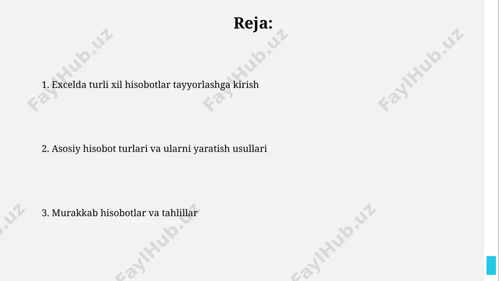 a saralash orqali kerakli ma'lumotlarni tezkor aniqlash mumkin, bu esa tahlil va hisobot tayyorlash vaqtini 30% ga qisqartiradi. pivot jadvallar yordamida murakkab ma'lumotlarni vizual ravishda tahlil qilish va turli kesimlar bo'yicha 5 ta dan ortiq ko'rsatkichlarni taqqoslash mumkin, bu hisobotlarning aniqligi va tushunarliligini oshiradi. excelda turli xil hisobotlarni tayyorlashga kirish excelda 1000 dan ortiq qator va 50 dan ortiq ustunli katta hajmdagi ma'lumotlar bilan ishlashda samarali filtrlash va saralash vositalaridan foydalanish hisobot tayyorlash vaqtini sezilarli darajada qisqartiradi. shartli formatlash vositalari yordamida hisobotdagi muhim ma'lumotlarni 5 xil rang va 3 ta turli shrift o'lchamlari bilan ajratib ko'rsatish orqali tahlilni soddalashtirish va tushunarliroq qilish mumkin. pivot jadvallar va ularning qo'llanilishi pivot jadvallar dinamik hisobotlar yaratishga imkon beradi, ya'ni ma'lumotlar o'zgarganda jadval avtomatik ravishda yangilanadi, bu esa vaqtni tejaydi va aniq ma'lumotlarga ega bo'lishni ta'minlaydi. pivot jadvallar ma'lumotlarning 1000 tagacha qatorini va 100 tagacha ustunini samarali tahlil qilish imkonini beradi, bu esa katta …