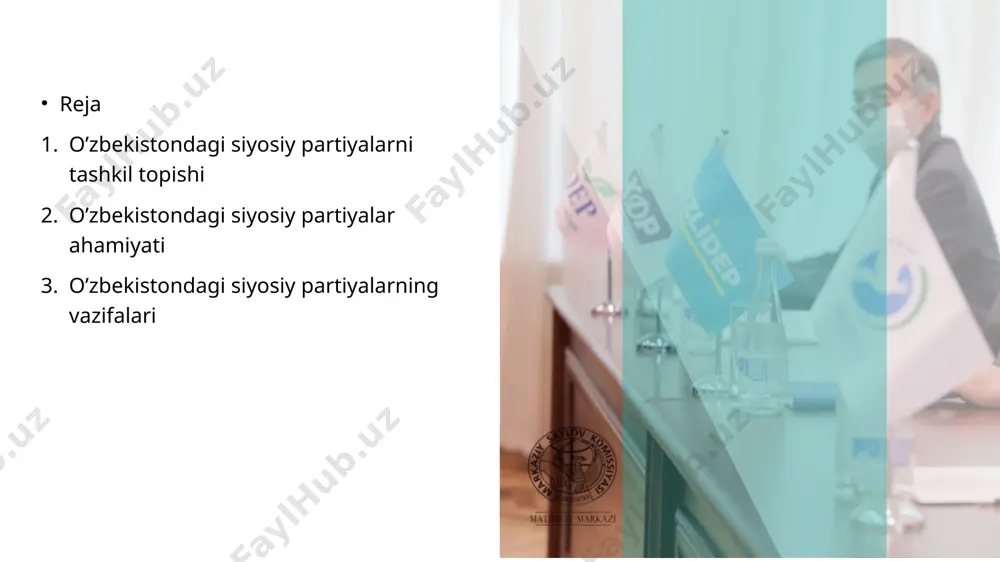 a amalga oshiradi. siyosiy partiyalar tashkil etish huquqi konstitutsiyaning 34-moddasida mustahkamlangan[ qonunga koʻra siyosiy partiyalar fuqarolarning huquq va erkinliklarini amalga oshirish maqsadida, oʻz xohish-irodalarini erkin bildirish, partiyaga ixtiyoriy ravishda kirish va undan chiqish, aʼzolarining teng huquqliligi, oʻzini oʻzi boshqarish, qonuniylik va oshkoralik asosida tuziladi va faoliyat koʻrsatadi. lekin, konstitutsiyaviy tuzumni zoʻrlik bilan oʻzgartirishni maqsad qilib qoʻyuvchi; oʻzbekiston respublikasi suverenitetiga, yaxlitligi va xavfsizligiga, fuqarolarning konstitutsiyaviy huquq va erkinliklariga qarshi chiquvchi; urushni, ijtimoiy, milliy, irqiy va diniy adovatni targʻib qiluvchi; xalqning sogʻligʻi va maʼnaviyatiga tajovuz qiluvchi; milliy va diniy ruhdagi partiyalarni tuzish va ularning faoliyat koʻrsatishi taqiqlanadi. siyosiy partiyalar toʻgʻrisidagi oʻzbekiston respublikasining qonuni boʻyicha, huquqni muhofaza qiluvchi organlarda xizmat qiluvchi shaxslar (sudyalar, prokurorlar va prokuratura tergovchilari); ichki ishlar organlari, milliy xavfsizlik xizmati xodimlari, harbiy xizmatchilar, xorijiy davlatlarning fuqarolari va fuqaroligi boʻlmagan shaxslar siyosiy partiyalarga aʼzo boʻla olmaydilar. siyosiy partiyalarga aʼzolik faqat yakka tartibda qayd etiladi. bir partiyaning aʼzosi ayni vaqtda ikkinchi partiyaga …