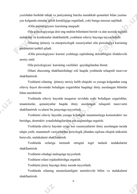 muayyan korinishi, yani, bir yerda umumiy hojalik yuritadigan er va xotin, ota-onalar va farzandlar, aka-ukalar va opa-singillar hamda boshqa qarindoshlarning birgalikda yashashini ifodalovchi muhim bogin deb tarif berilgan. bu kabi tariflardan oilaning 4 ta muhim tavsifi kelib chiqadi: oila jamiyatning bogini (kichik ijtimoiy guruh); oila shaxsiy yashash tarzini tashkil etish shakli; oila er-xotinlarning birlashuvi; oila er-xotinlarning boshqa yaqin qarindosh: ota-onalari, aka-ukalari, opa-singillari, momolar va bobolar, farzandlar va ularning farzandlari bilan kopqirrali munosabatlar ornatish imkoniyati. shu bois ham oila yonalishida otkaziladigan tadqiqotlarda uning ijtimoiy guruh sifatida ozigagina xos bolgan sifatlari, xususiyatlari borligini unutmaslik lozim. bular quyidagilar: bir emas, bir necha umumiy maqsadlarning bolishi; yani, agar mehnat jamoasida azolarni birlashtiruvchi yagona maqsad tan olinsa, oilada bunday maqsadlar bir nechta ham bolishi mumkin va ular oilaviy hayot mobaynida ozgarib ham turadi. masalan, yaxshi niyat bilan birgalikda yashash maqsadiga keyinchalik soglom farzand korish, ogil bola bolsa, sunnat toyi qilish, farzandni maktab talimiga tayyorlash, toy …