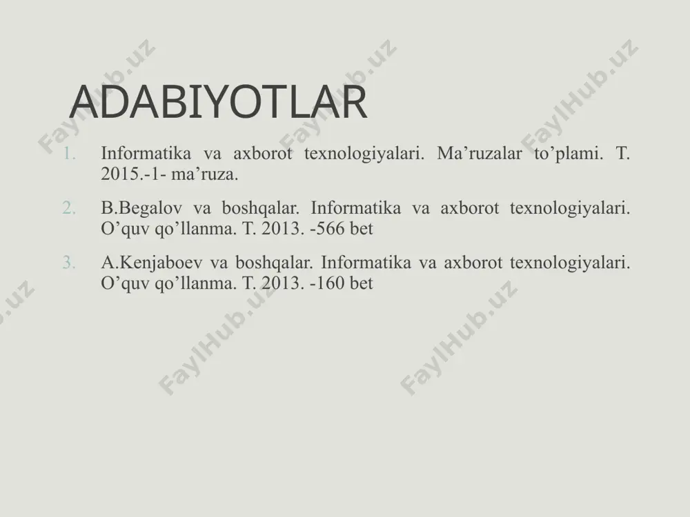 a va axborot texnologiyalarining xo’jalik faoliyatidagi ahamiyati. ishlab chqarish xo’jalik faoliyati rahbarlarini tezkorligini oshirish, ilmiy asoslangan qarorlar qabul qilish. boshqaruv va xizmatchi hodimlarni og’ir mehnatlardan ozod qilish. hodimlarni axborotlardan foydalanish darajasini oshirish va axborotlarni qayta ishlash vaqtini kamaytirish. axborot oqimlarini markazlashtirish va avtomatlashtirish asosida qog’ozbozlikni kamaytirish. axborotlarga nisbatan ishonchlilik,aniqlik va tezkorlikni oshirish va h.k. mavzu bo’iycha savollar informatika faning vazifasi nima? axborot texnologiyalari deganda nimani tushunasiz? iatning omillari? iatning vazifasi va maqsadi? o’zp iat rivojlantirish maqsadida qabul qilingan qarorlar? image1.wmf image2.wmf image3.png image4.jpeg image5.png image6.png image7.jpeg image8.jpeg /docprops/thumbnail.jpeg