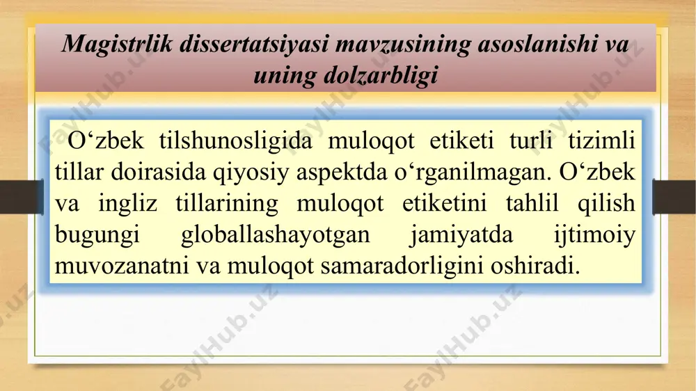 nyo tilshunosligida a.a.akishina, b.m.alpatov, n.d.arutyunova, b.n.golovin, b.e.galdin, y.d.desheriyev, b.g.kostomarov, n.f. mixeyeva, t.u.naumova, f.pap, l.p.stupin, k.s.ignatyev, o.b.sirotinina, n.m. firsova, n.i. formanoviyskaya kabi olimlar muloqot va muloqot etiketi masalalarini o‘rgangan. o‘zbek tilshunosligida m.hakimov, s.mo‘minov, sh.iskandarova, sh.usmonova, toirova gulya ibragimova, atadjanova nodirabegim nasimxo‘ja qizi tomonidan tadqiq etilgan. 1.salomlashish 2. tanishish 3. daromad 4. muddat 5. xotima yoki xayrlashish . 1.tinglash 2.munosabat bildirish 1.2. tadqiqotning tushunchaviy apparati adresat faoliyatining bosqichlari adresant faoliyatining bosqichlari muloqot etiketiga ta’sir qiluvchi omillar milliy ruhiyat va diniy mansublik urf-odatlar va ijtimoiy odob-axloq qoidalari makon-zamon olamni bilish manzarasi gavjum shaharda men notanish kishilar bilan so‘rashmagan bo‘lar edim, lekin kimsasiz tog‘da yoki orolda, yolg‘izoyoq so‘qmoqda notanish kimsani uchratib qolsam salom alik qilishim turgan gap. v.deyk ii bob. muloqot etiketida hamkorlik, hurmat, xushmuomalik kategoriyalarining namoyon bo‘lishi va nutqiy akt guruhlaridagi ayrim xususiyatlari 2.1. o‘zbek va ingliz muloqot etiketida hamkorlik, hurmat va xushmuomalik kategoriyalarining o‘rni hamkorlik tamoyili (p.gris) miqdor tamoyili – faqat muloqot …