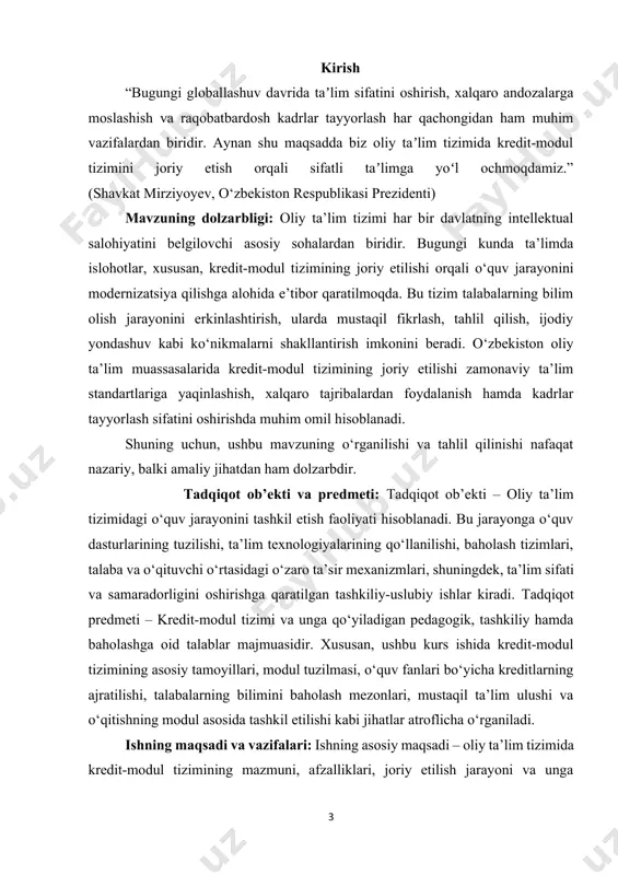 opa ittifoqi mamlakatlari, janubiy koreya) joriy etilishi, amaliyotdagi yondashuvlar, ularning ta’lim sifatiga ta’siri, samaradorlik darajasi o‘rganiladi. xorijiy tajriba asosida o‘zbekiston uchun mos yondashuvlarni aniqlashga urinish qilinadi. o‘zbekiston oliy ta’lim tizimida joriy etilgan kredit-modul tizimining xususiyatlarini aniqlash: mazkur vazifada mamlakatimizda bu tizim qanday bosqichlarda va qanday shaklda tatbiq etilayotgani, mavjud normativ-huquqiy hujjatlar, otmlar tajribasi, talabalarning va o‘qituvchilarning unga munosabati, tizimdagi mavjud ijobiy va salbiy jihatlar tahlil qilinadi. kredit-modul tizimiga qo‘yiladigan baholash, tashkiliy va metodik talablarni tahlil qilish: bu vazifa doirasida kredit-modul tizimida baholash mezonlari, modul asosida dars olib borish metodikasi, talabalarning mustaqil ishlash foizi, dars jarayonining modullashtirilgan shakli, fanlar bo‘yicha kreditlarning taqsimlanishi, o‘qituvchi va talaba o‘rtasidagi mas’uliyatlar bo‘yicha talablar o‘rganiladi. shuningdek, ta’lim dasturlarining qanday moslashtirilayotgani ham tahlil qilinadi. tizim samaradorligini oshirish bo‘yicha amaliy takliflar ishlab chiqish: so‘nggi vazifa asosida yuqorida tahlil qilingan masalalar asosida kredit-modul tizimini takomillashtirish yo‘nalishida amaliy tavsiyalar ishlab chiqiladi. bu tavsiyalar otmlar, pedagoglar va ta’lim muassasalari rahbarlari uchun …