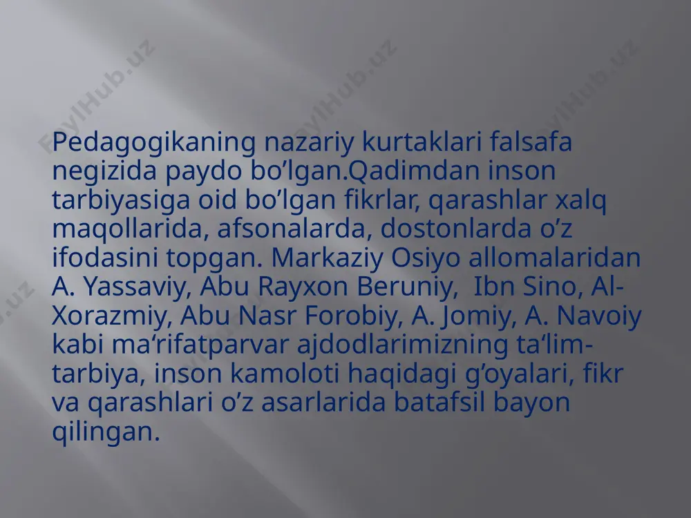 -tarbiya tarixi, pedagogika tarixi fanidan xabardor bo’lmay turib pedagogik faoliyat bilan shug’ullanish mumkin emas. pedagogika nazariyasini chuqurroq anglash uchun esa uning o’tmishdagi taraqqiysini bilmoq kerak. tarbiyaning mohiyatini ilmiy asosda tushunish uchun aniq tarixiy shariatda uning taraqqiy etishi qonuniyatlarini bilish zarur.shuning uchun pedagogika ijtimoiy fanlardan biri sifatida ijtimoiy fanlar bilan yaqin aloqada rivojlanib boradi. tarbiya maqsad va vazifalarini inson shaxsining har tomonlama rivojlanish qonuniyatlarini ishlab chiqarish jarayonida tarix, falsafa, iqtisod, sosiologiya, etika, estetika, umumiy psixologiya, yosh psixologiyasi, pedagogik psixologiya, kasb psixologiyasi, oila psixologiyasi, ijtimoiy psixologiya, odam psixologiyasi, harbiy psixologiya va fiziologiyasi bolalar gigienasi, pediatriya, medisina, kibernetika va boshqa fanlar bilan aloqa qiladi. psixologiya fani bilan aloqasini tahlil qilamiz. pedagog o'quvchilarga ta'lim-tarbiya berishda ularni sezgisi, idroki, tasavvur, diqqat, tafakkur va xotirasi kabi psixik jarayonlarni bilish darkor. shuning uchun pedagogika fani psixologiya fani bilan alohida ish olib boradi. har bir fan o'z rivojlanishida o'z nazariyalarini boyitishda o'zining ichki ilmiy yo'nalishlariga tayanib, takomillashib boradi. …