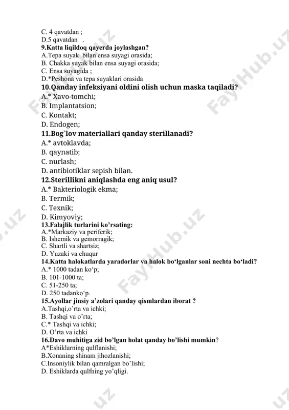 . shartli va shartsiz; d. yuzaki va chuqur 14.katta halokatlarda yaradorlar va halok bo‘lganlar soni nechta bo‘ladi? a.* 1000 tadan ko‘p; b. 101-1000 ta; c. 51-250 ta; d. 250 tadanko‘p. 15.ayollar jinsiy a’zolari qanday qismlardan iborat ? a.tashqi,o’rta va ichki; b. tashqi va o’rta; c.* tashqi va ichki; d. o’rta va ichki 16.davo muhitiga zid bo’lgan holat qanday bo’lishi mumkin? a*eshiklarning qulflanishi; b.xonaning shinam jihozlanishi; c.insoniylik bilan qamralgan bo’lishi; d. eshiklarda qulfning yo’qligi. 17.qizamiqda prodramal davrida qaysi belgilar kuzatiladi ? a. *kataral belgilar; b. aniq beldilar; c. yashirin belgilar; d. tarqalgan belgilar 18.uchastka tibbiy hamshirasining sumkasida nima bo’lmaydi? a.brilliant yashili; b.*kampyuter; c. yod; d. ichimlik sodasi 19.ko’zni tekshirish xonasi 2 ta bo’lib, bular ...... . a.*yorug’ va qorong’i xona; b.laboratoriya xonasi; c.shifokorlar xonasi; d.qabulxona. 20.terining birlamchi toshmalariga kirmaydi? a.*pigmentli dog’; b.qavariq; c.do’mboq; d.pufak. kasbiy nazariy-imtihon savollari 1.qariyalarda o’tkir nafas etishmovchiligida shoshilinch yordam korsatish qaysi javobda to’g’ri ko’rsatilgan a. tinchlik, yotish …