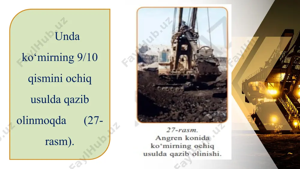 lanayotgan yillarda (1961-yilda) an­gren ko‘mir konida yerosti gazogeneratorlarida ko‘mirni yuqori bosimdagi havo oqimi yordamida gazga aylantiradigan «yerostigaz» stansiyasi ishga tushirilgan edi. this presentation uses a free template provided by fppt.com www.free-power-point-templates.com hozirda undan unumli foydalanib, qo‘ng‘ir ko‘mirning bir qismi yer ostida gazga aylantirilmoqda. shu tariqa ochiq usulda qazib olinadigan ko‘mirning ham ahamiyati ortib bormoqda.