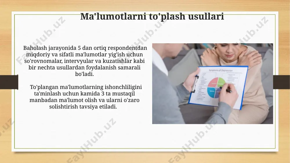 esselar, loyihalar) qo'llash samaradorlikni 20% ga oshirishi mumkin. mezonlarga asoslangan baholashning kelajagi mezonlarga asoslangan baholashning kelajagi, shaxsiylashtirilgan o'quv rejalarini yaratish va 20% ga yaqin o'quvchilarning individual ehtiyojlariga moslashtirish imkoniyatini beradi. mezonlarga asoslangan baholashning kelajagi ai va mashina o'rganish texnologiyalari orqali ob'ektivlikni 30% ga oshirish va baholash jarayonini avtomatlashtirish yo'lida rivojlanadi. mezonlarni ishlab chiqish va tanlash mezonlarni ishlab chiqishda 4-5 ta asosiy ko'nikma va bilimlarni baholashga e'tibor berish, ularni o'lchov shkalalari bilan bog'lash muhimdir, bu baholash jarayonining aniqligini oshiradi. savol turlarining (ya'ni, ochiq, yopiq, tanlab olish) har biri uchun alohida ball tizimini ishlab chiqish, umumiy ballning 30% dan ortig'ini bitta mezonga bog'lab qo'ymaslik tavsiya etiladi. e'tiboringiz uchun rahmat @taqdimot_robot image7.jpg image8.jpg image9.jpg image10.jpg image11.jpg image12.jpg image13.jpg image14.jpg image15.jpg image16.jpg image17.jpg image18.jpg image3.png image4.png