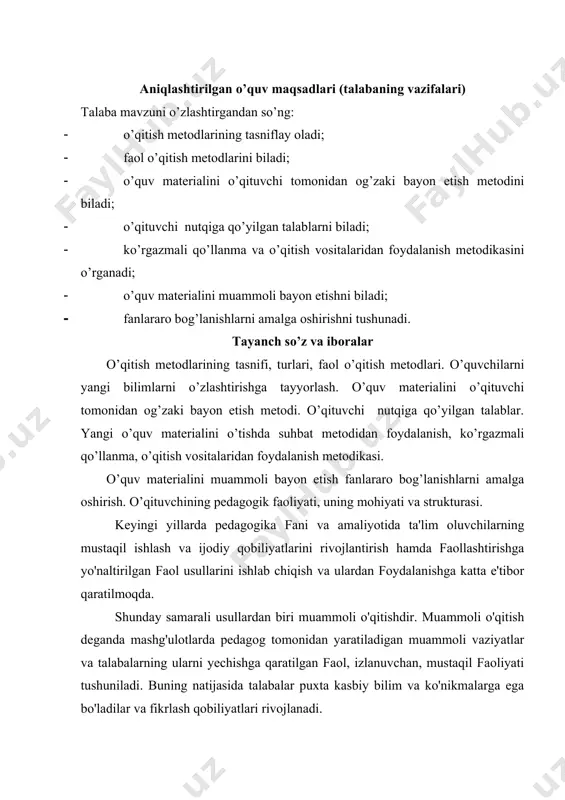 kasbiy bilim va ko'nikmalarga ega bo'ladilar va fikrlash qobiliyatlari rivojlanadi. talabalarning mashg'ulotlarga faol qatnashishi yoki qatnashmasligi o'qituvchiga bog'liq. lekin talabalarni darsga jalb etish maqsadida o'qituvchi tomonidan qo'llaniladigan bar qanday urinish yetarli darajada samara bermasligi mumkin. bunday darslarni muammoli tarzda o'tish talabalarning darsga qiziqishini orttiradi. bunda bar bir talaba darsning mohiyatini tushunib olishi uchun uning oldiga o'qituvchi tomonidan ma'lum bir muammo qo'yilishi kerak. qo'yilgan muammoning talabalarda qay darajada intilish uyg'otishi uning xarakteriga bog'liq. bunda har bir talaba o'z oldiga qo'yilgan muammoning mohiyatini chuqur anglab, uni yechishga harakat qilishi kerak. o'qituvchi esa bu jarayonni kuzatib boradi, tegishli maslahat berib yo'nalishlarni ko'rsatadi. zamonaviy darslarning xarakterli tomoni ham shunda. muammoli o'qitishni boshqarish pedagogik mahoratni talab etadi, chunki muammoli vaziyatning paydo bo'lishi individual holat bo'lib, tabaqalashtirilgan va individuallashtirilgan yondashuvni talab etadi. o`qitish metodlarining tasnifi quyidagi rasmda keltirilgan muammoli darslarning yana bir xarakterli tomoni, bu usulni qo'llash talabalar bilimini o'stirish bilan birga ularda shu fanga qiziqish …