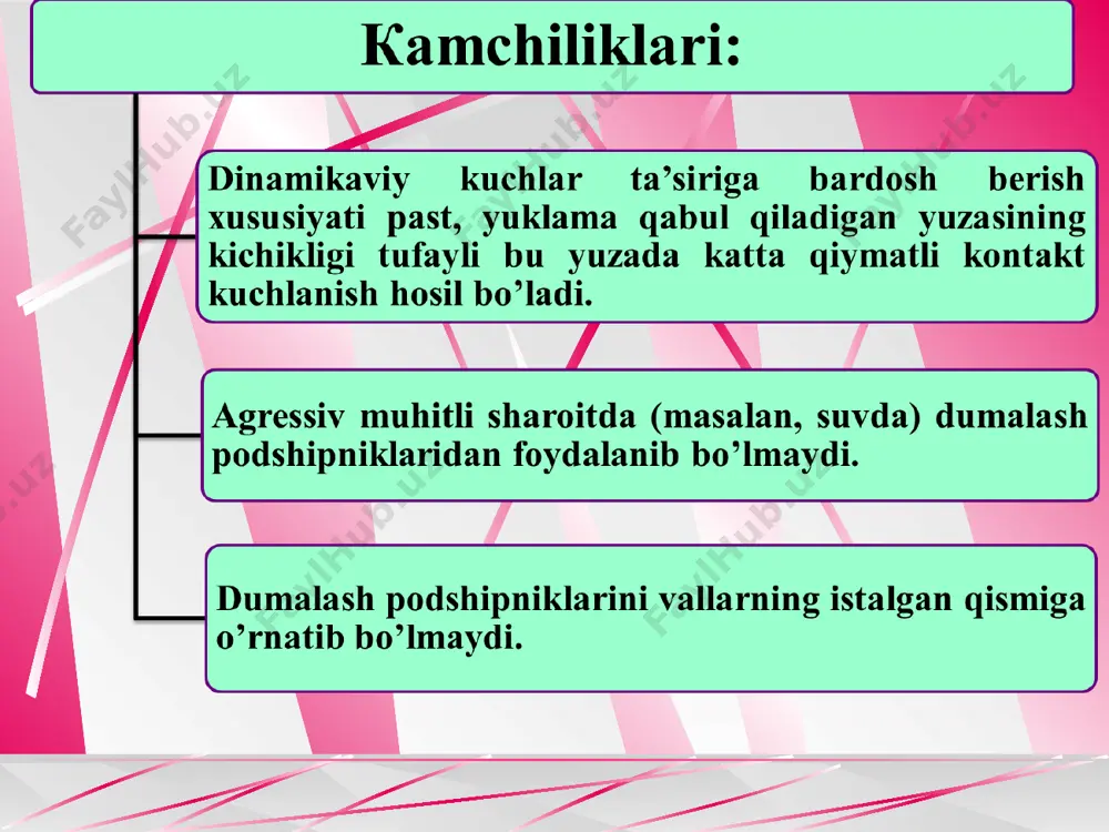 liy hisoblash (tanlash) podshipnik ishchanlik qobiliyati va hisobining asosiy mezonlari. dumalash podshipniklari ishdan chiqishining asosiy sabablarini ko‘rib chiqamiz. toliqishdan uvalanish podshipniklarda normal sharoitda uzoq muddat ishlagandan keyin kuzatiladi. yeyilish abraziv zarrachalar (chang va ifloslik) tushishidan yaxshi himoya etilmagan podshipniklarda sodir bo‘ladi. yeyilish avtomobil, traktor, tog‘-kon, qurilish va shunga o‘xshash mashinalar podshipniklarining asosiy yemirilish turi bo‘ladi. tezyurar dumalash podshipniklari ancha qismining ishdan chiqishi separator buzilishi tufayli bo‘ladi. halqalar va dumalash jismlari darz ketishi zarbiy hamda vibratsion o‘ta yuklanish, podshipnikni noto‘g‘ri o‘rnatish sababli halqalarning qiyalanishi, qisilib qolishi oqibatida ro‘y beradi. dumalash podshipniklarining zamonaviy hisobi faqat ikki mezon bo‘yicha hisoblashga asoslangan: 1) qoldiq deformatsiyalar bo‘yicha statik yuk ko‘taruvchanlikka hisoblash; 2) toliqishdan uvalanish bo‘yicha resurs (umrboqiylik)ni hisoblash. boshqa mezonlar bo‘yicha hisoblar yaratilmagan, chunki bu mezonlar bir qator hisobi qiyin bo‘lgan tasodifiy omillarga bog‘liq bo‘ladi. standart bo‘yicha podshipniklar turlari va o‘lchamlari soni cheklangan. shu sababli har bir tip-o‘lchamli podshipnikning yuk ko‘taruvchanligi hisoblangan va tajribada aniqlangan. …