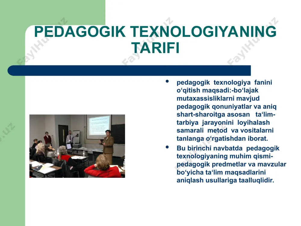 ‘naltirilishi kerak, ya‘ni: -ta‘limni rivojlantirishning yangi bosqichida pedagogik texnologiya mohiyati va muammolarini ko‘p bosqichli ta‘lim tizimi uchun tabaqalashtirilgan yondashuv asosida ishlab chiqish: -ishlab chiqarishning zamonaviy texnologiyalarini tahlil qilish asosida pedagogik texnologiyalar loyihalarini yangilab va boyitib borish; -o‘qituvchi faoliyatini yangi pedagogik texnologik texnologiya qonuniyatlariga moslashtirish; -“o‘qituvchi-texnolog” kasbi tavsifnomasini yaratish; o’quv (ta’lim) jarayoni jarayon - (lotincha «prozessus») - oldinga harakatlanish, o’zgarish. ta’lim jarayoni - o‘quvchi (talaba)ning bilmaslikdan bilishga tomon, oddiydan murakkabga tomon sodir bo‘ladigan jarayondir pedagogik jarayon - ta‘lim beruvchi va ta‘lim oluvchining belgilangan maqsadga qaratilgan, hamda oldindan ko’zlangan natijaga olib boruvchi o’zaro faoliyati. zamonaviy psixologo-pedagogik fanlar erishgan yutuqlarga binoan istalgan o’quv jarayoni uchta bir-biri bilan bog’liq qism (komponent)dan iborat: 1. motiv (m). 2. o’quvchining o‘qish (o’zlashtirish) faoliyati (o’f). 3. o’quvchining bilish faoliyatini boshqarish (b). boshqarish vazifasini o’qituvchi yoki texnik vositalar bajaradi. demak, o’quv jarayonini (o’j) quyidagi formula tarzida ifodalash mumkin: o’j = m + o’f + b tarbiya qoidalari tarbiyaning bir …